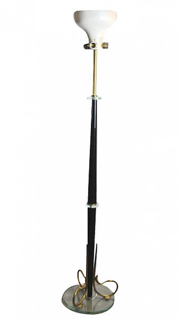 Floor lamp in aluminum, brass, glass and wood in the style of Fontana Arte, 50s
