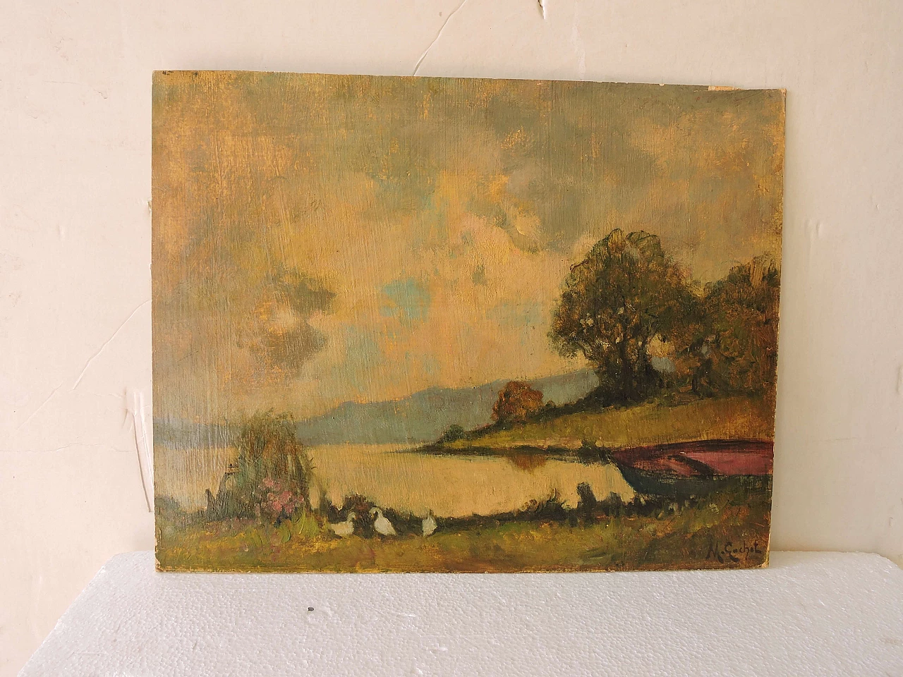 Oil painting on cardboard Il lago di Candia by Mario Gachet, 60s 1228305