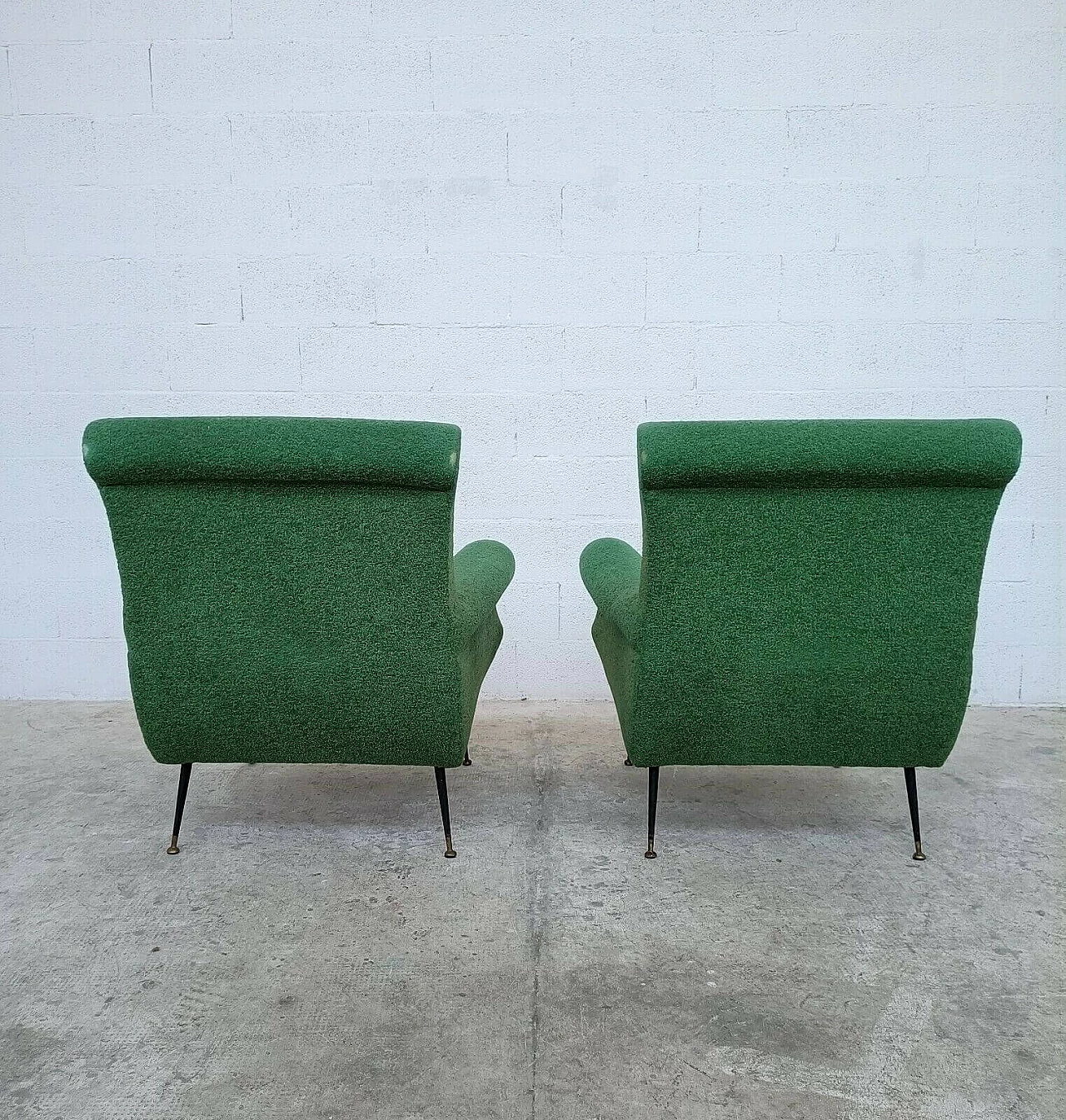 Pair of armchairs and curved sofa in fabric and brass feet, 60s 1228313
