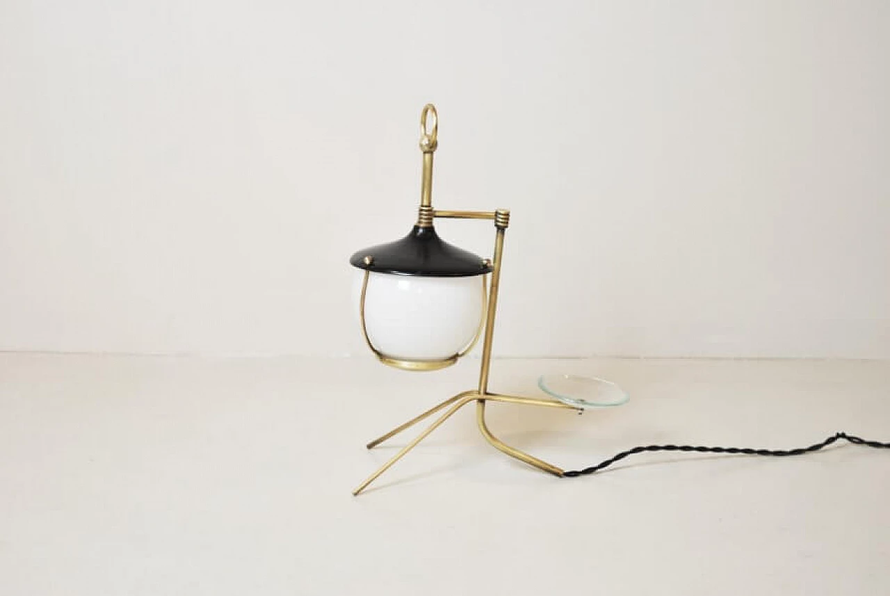Lantern-shaped table lamp in brass, iron and opaline glass, 50s 1228441