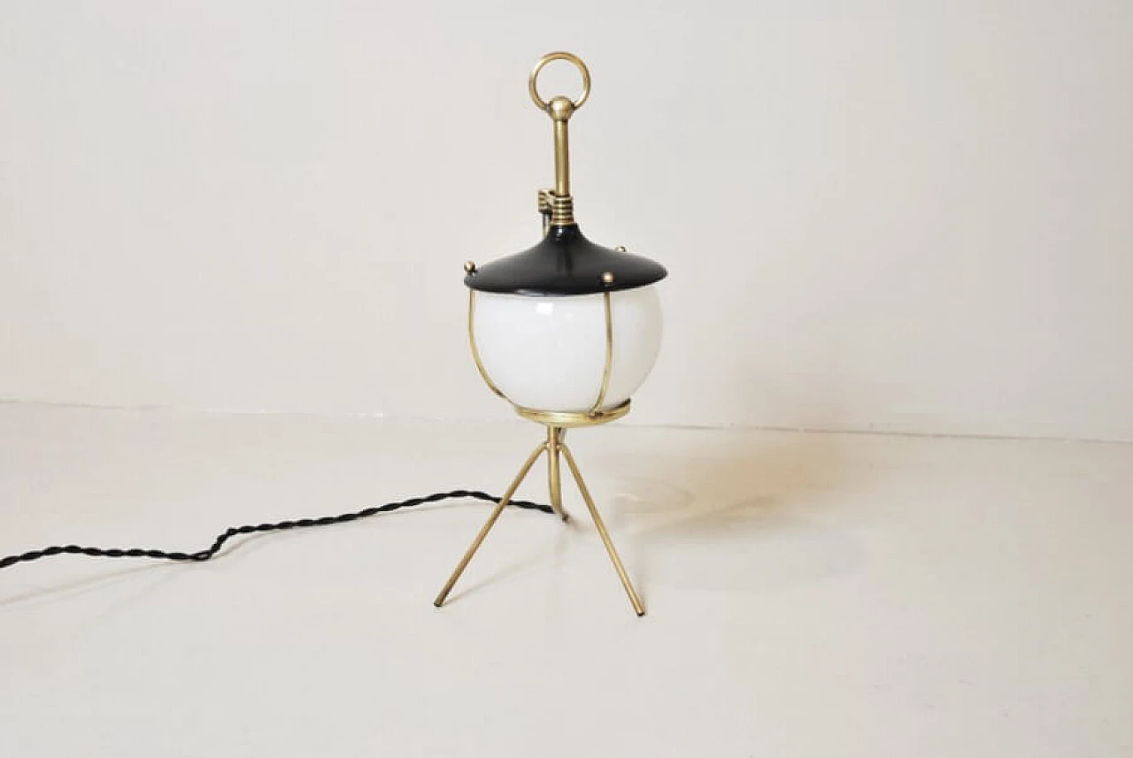 Lantern-shaped table lamp in brass, iron and opaline glass, 50s 1228446