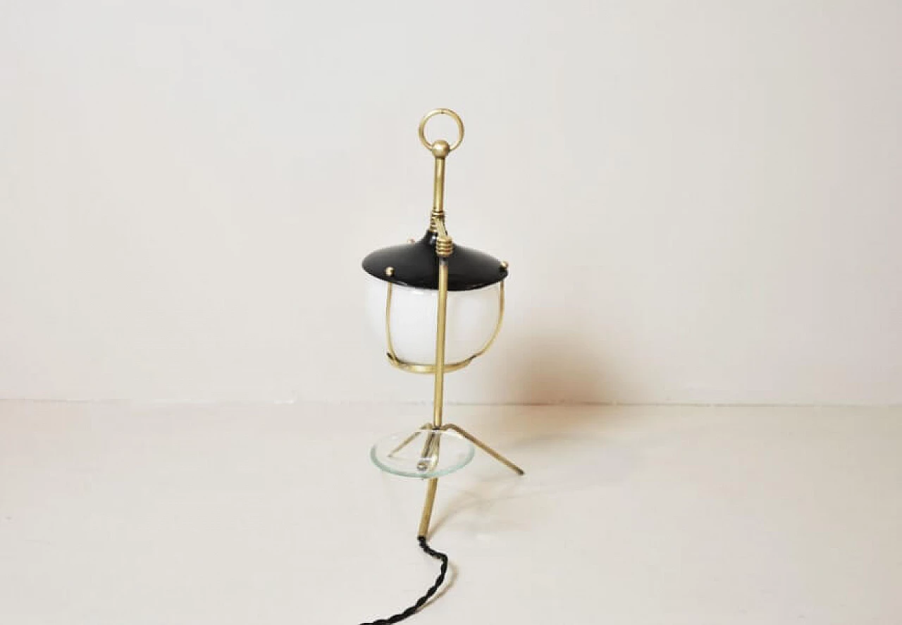 Lantern-shaped table lamp in brass, iron and opaline glass, 50s 1228447