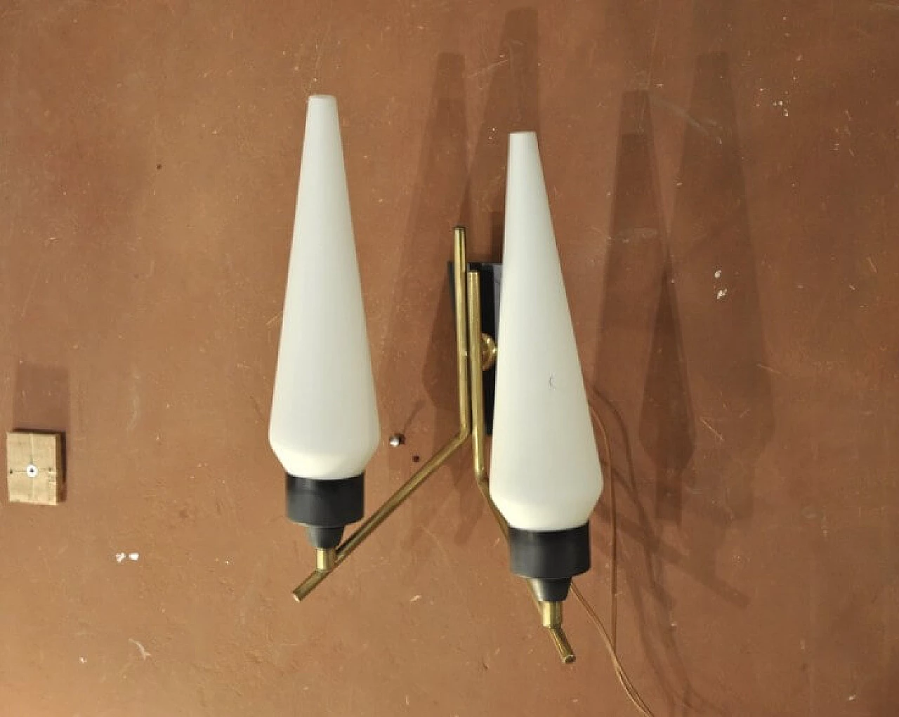 Pair of wall lamps in brass, iron and opaline glass, 50s 1228475