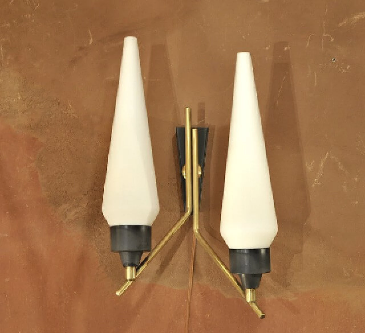 Pair of wall lamps in brass, iron and opaline glass, 50s 1228477