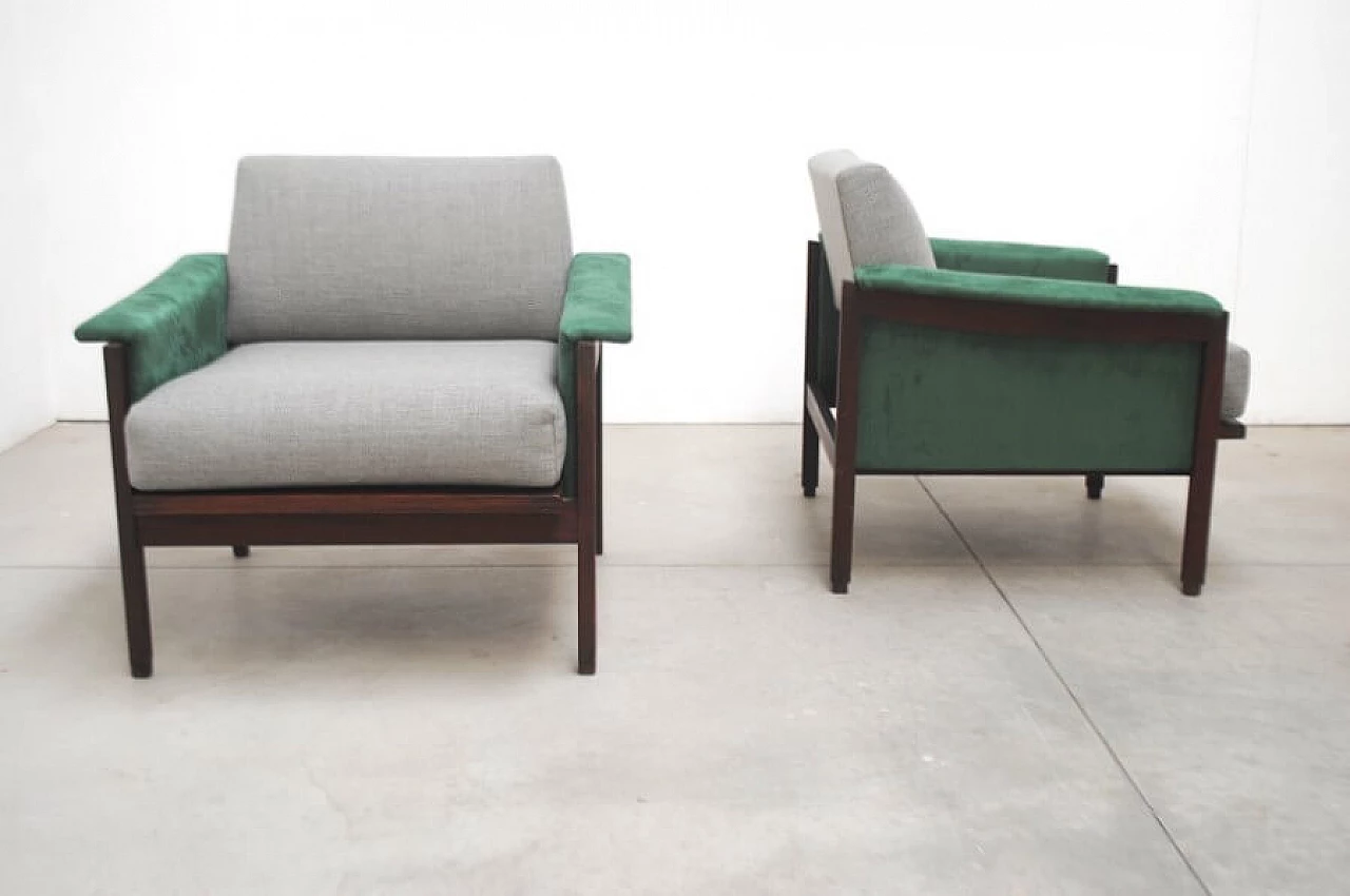 Pair of armchairs in wood and velvet, 60s 1228511