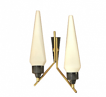 Pair of wall lamps in brass, iron and opaline glass, 50s