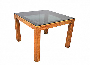 Table in wicker and smoked glass, 70s