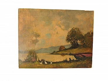 Oil painting on cardboard Il lago di Candia by Mario Gachet, 60s