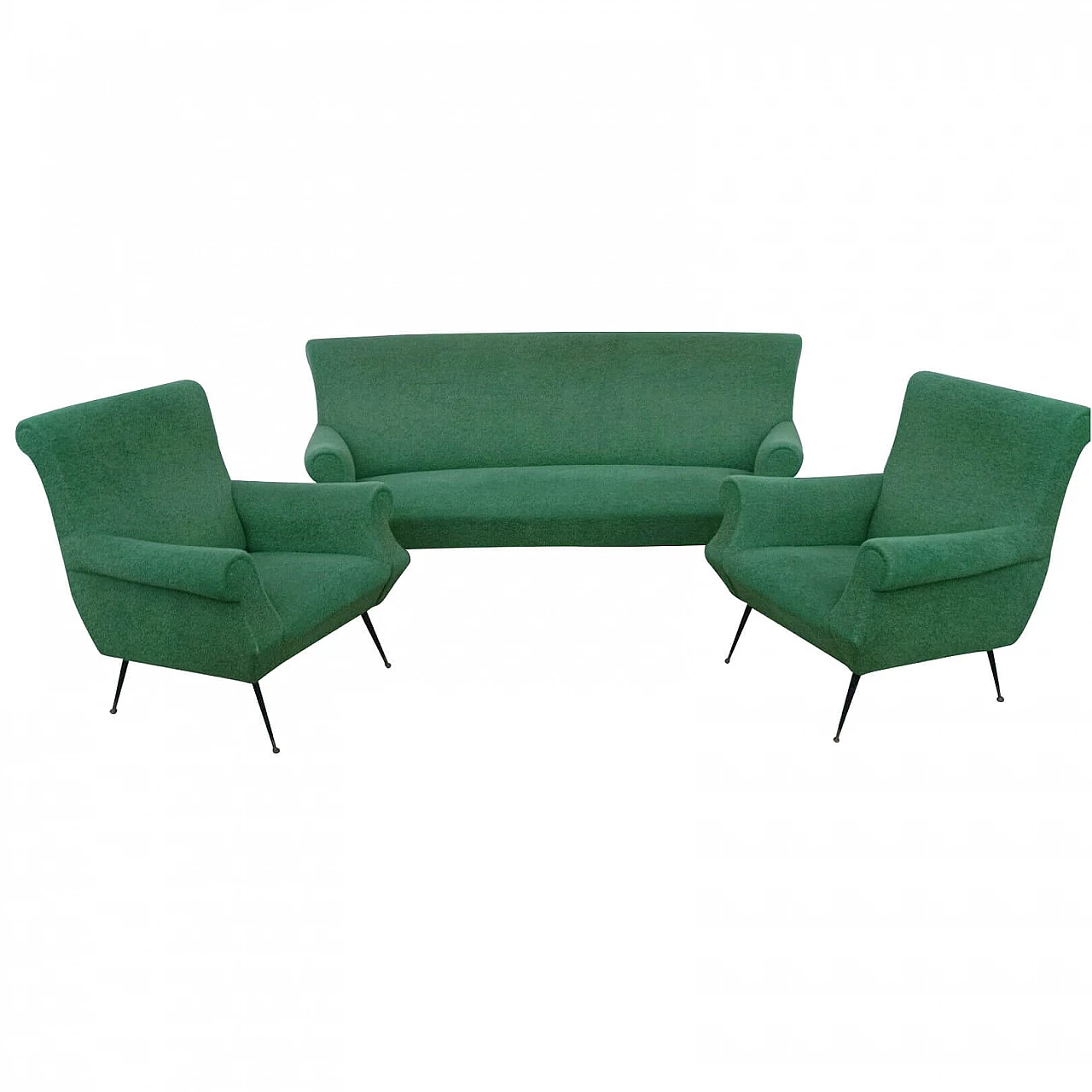 Pair of armchairs and curved sofa in fabric and brass feet, 60s 1228559