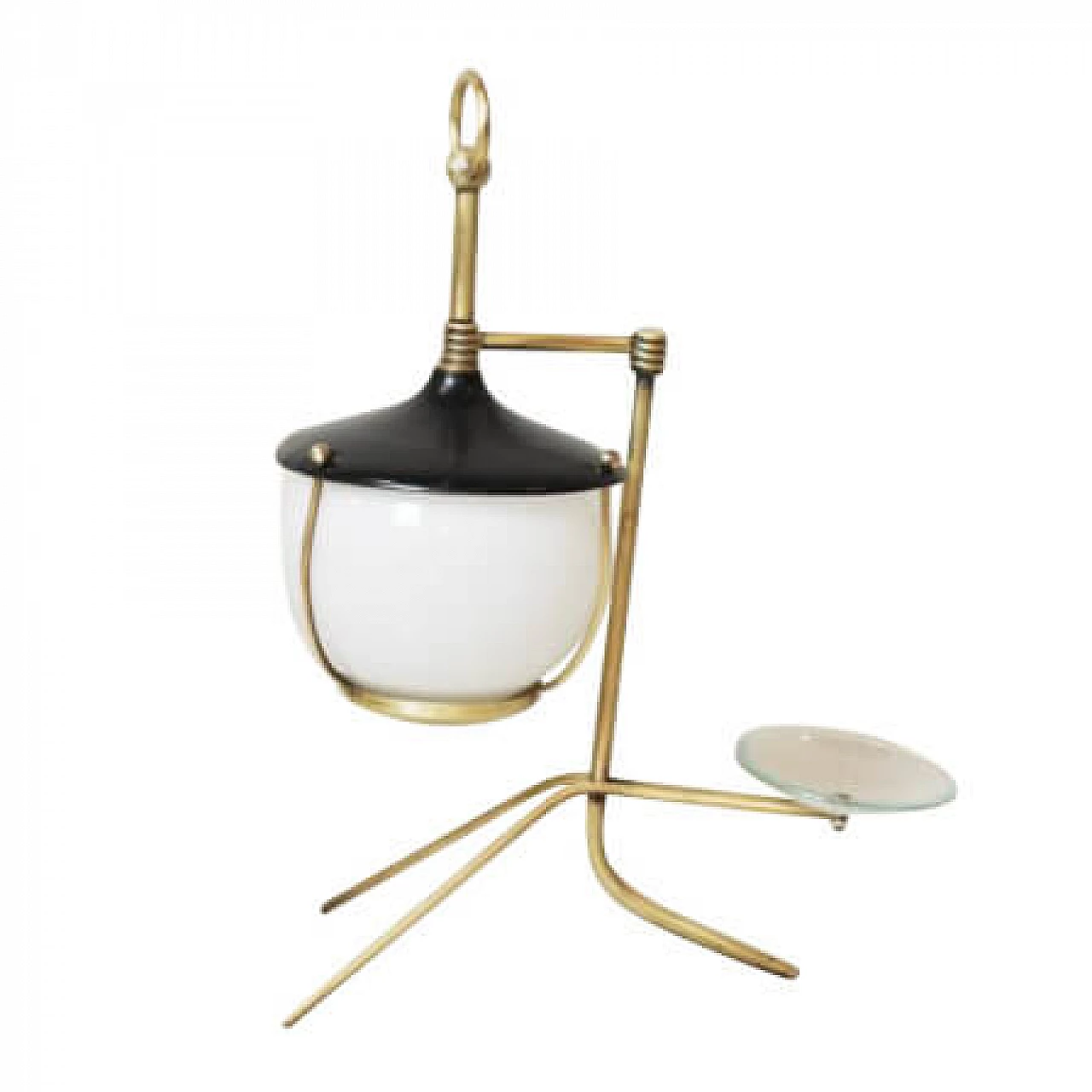 Lampada da tavolo a forma di lanterna in ottone, ferro e vetro opalino, anni '50 1228849