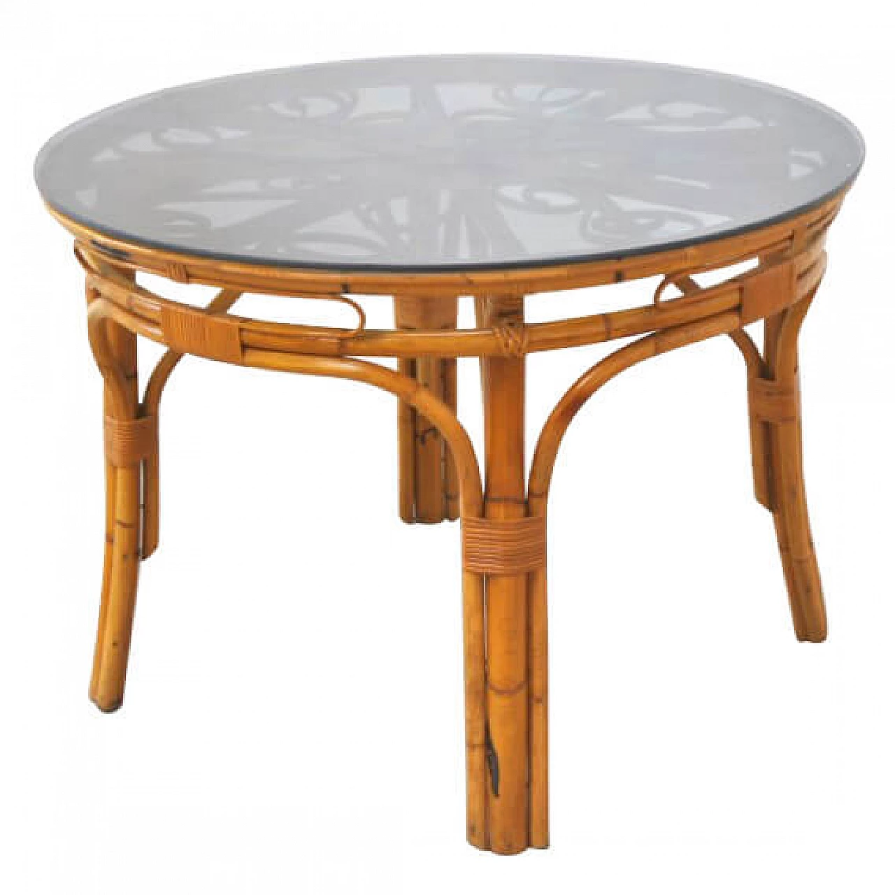 Tavolo rotondo in vimini e bamboo con piano in vetro nello stile di Bonacina, anni '60 1228855