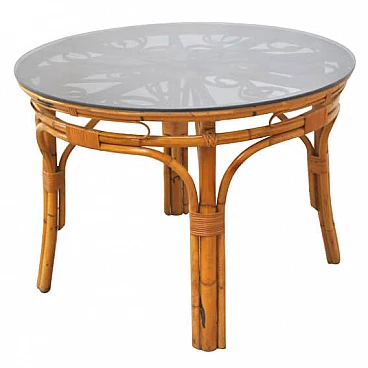 Round table in wicker and bamboo with glass top in the style of Bonacina, 60s