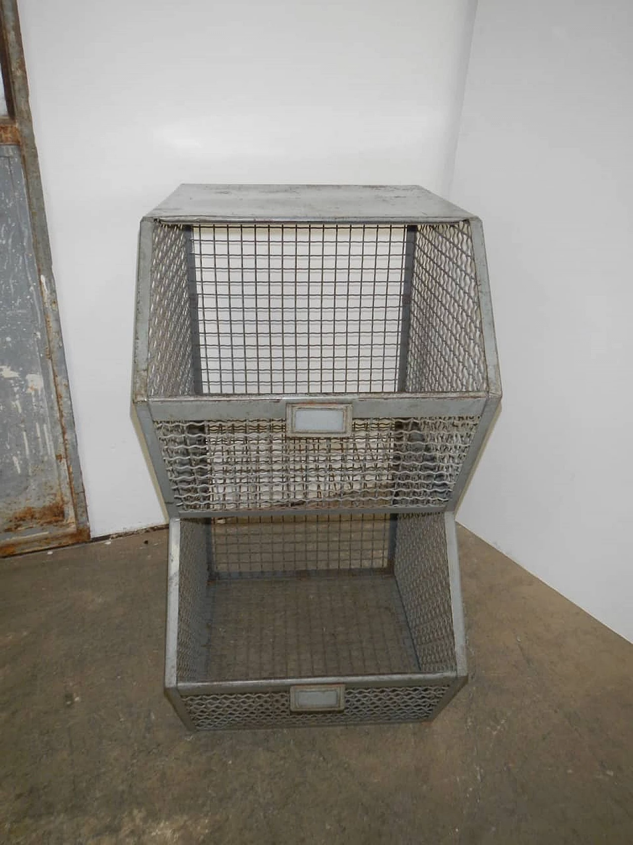Industrial Wire mesh container with 2 compartments originally for shoe factory, 70s 1229007