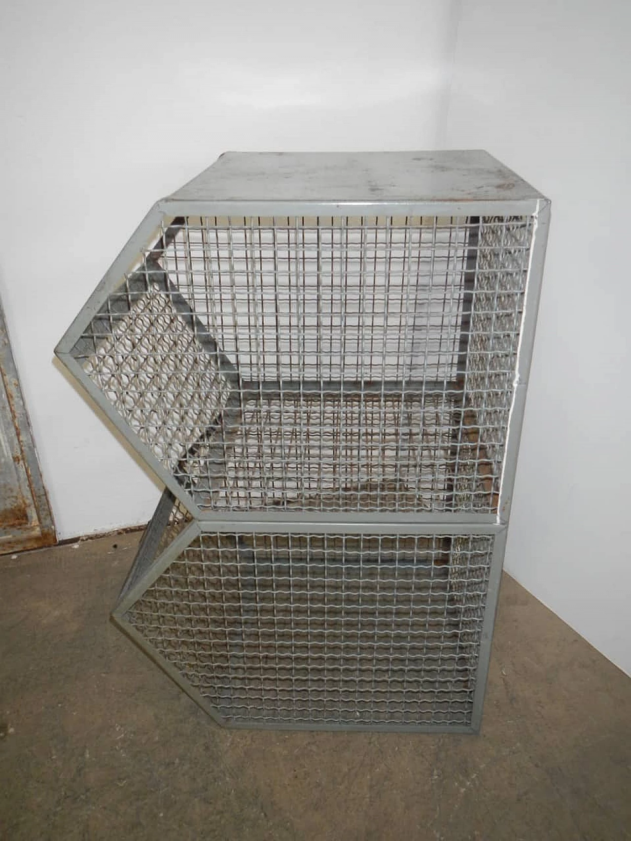 Industrial Wire mesh container with 2 compartments originally for shoe factory, 70s 1229009