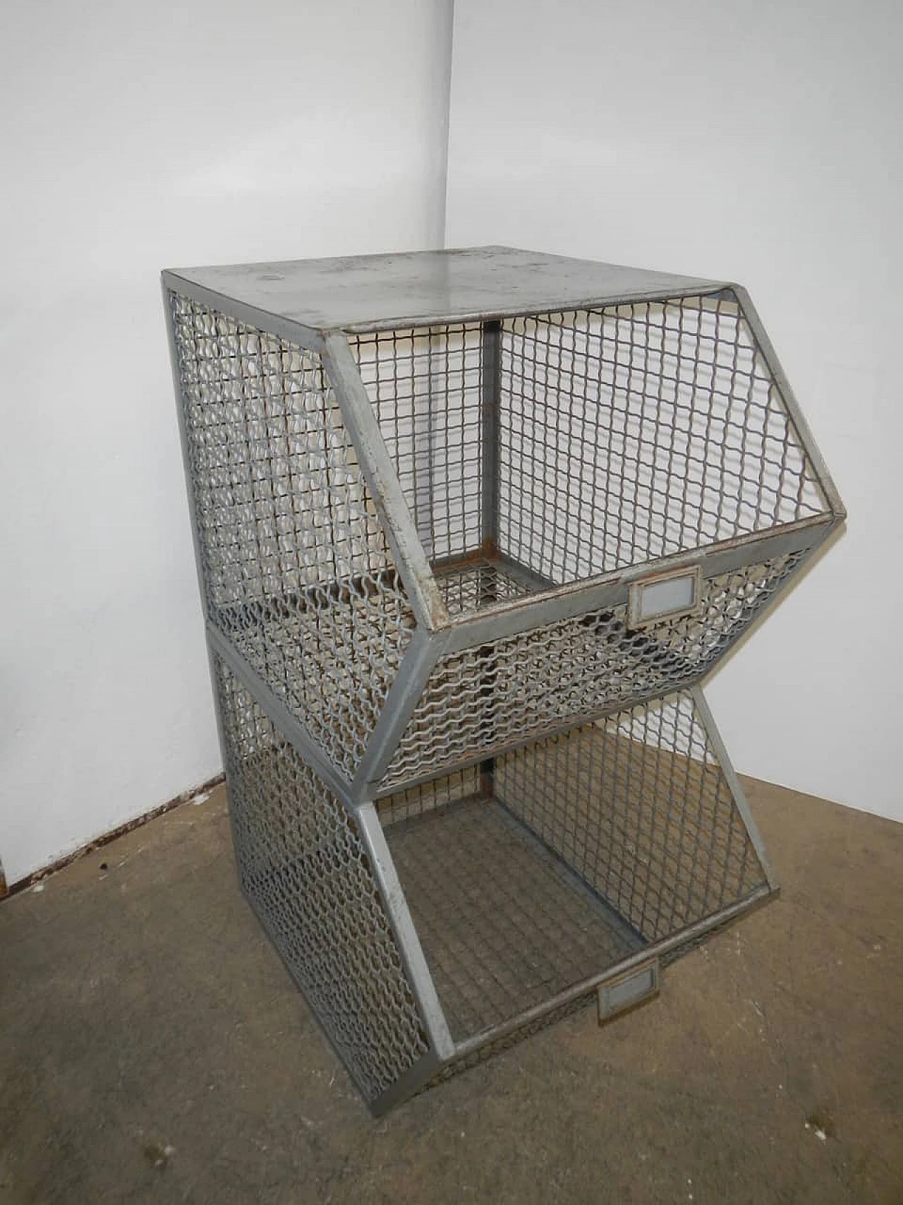 Industrial Wire mesh container with 2 compartments originally for shoe factory, 70s 1229010