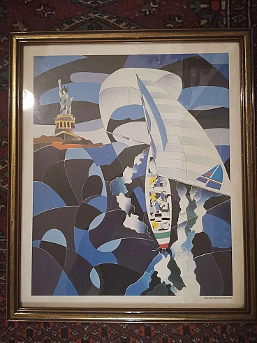 First edition poster by Ugo Nespolo with Italian sailing boat Azzurra
