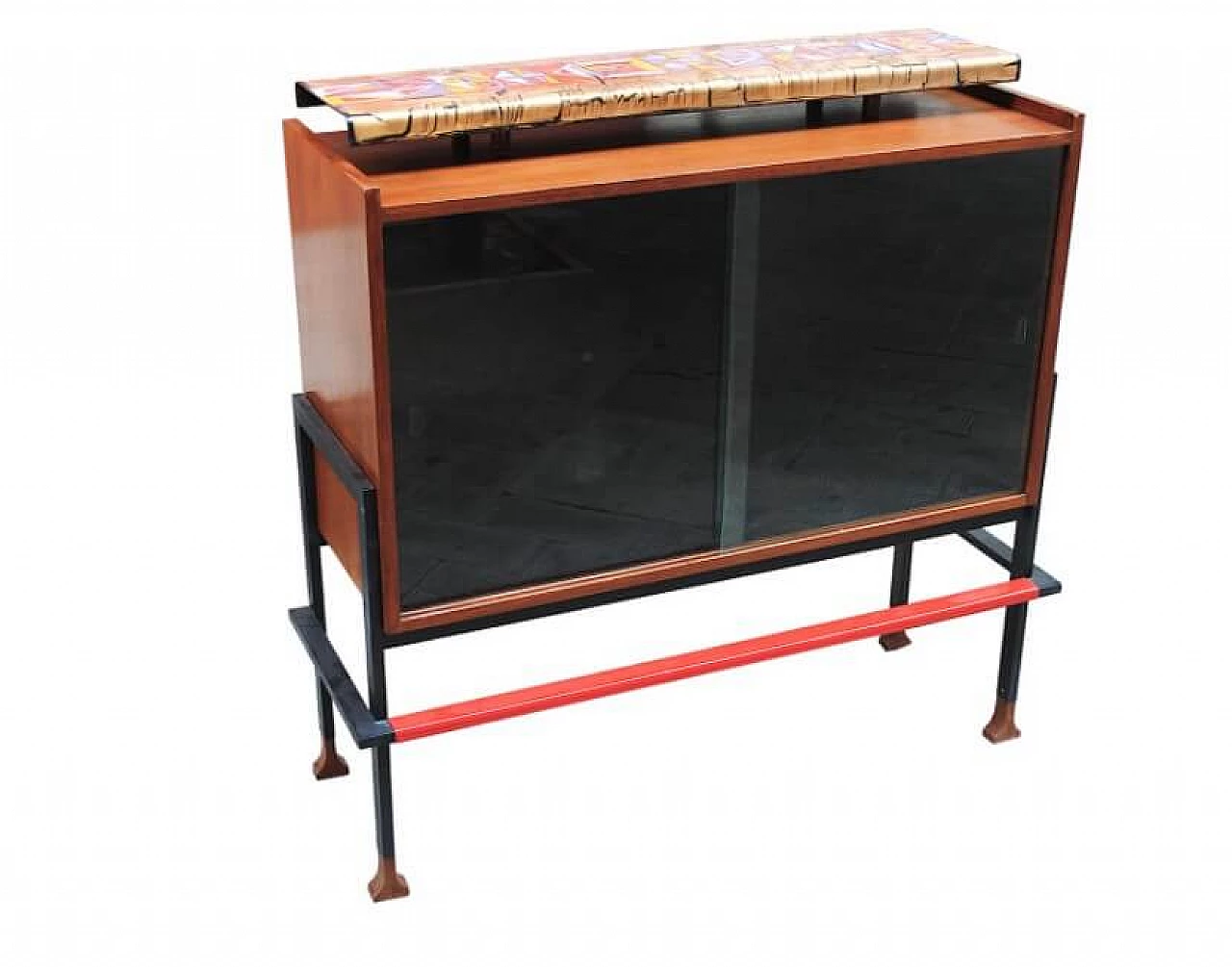 Bar cabinet with glass holder in enameled iron and wood by Victor Cerrato, 50s 1229475