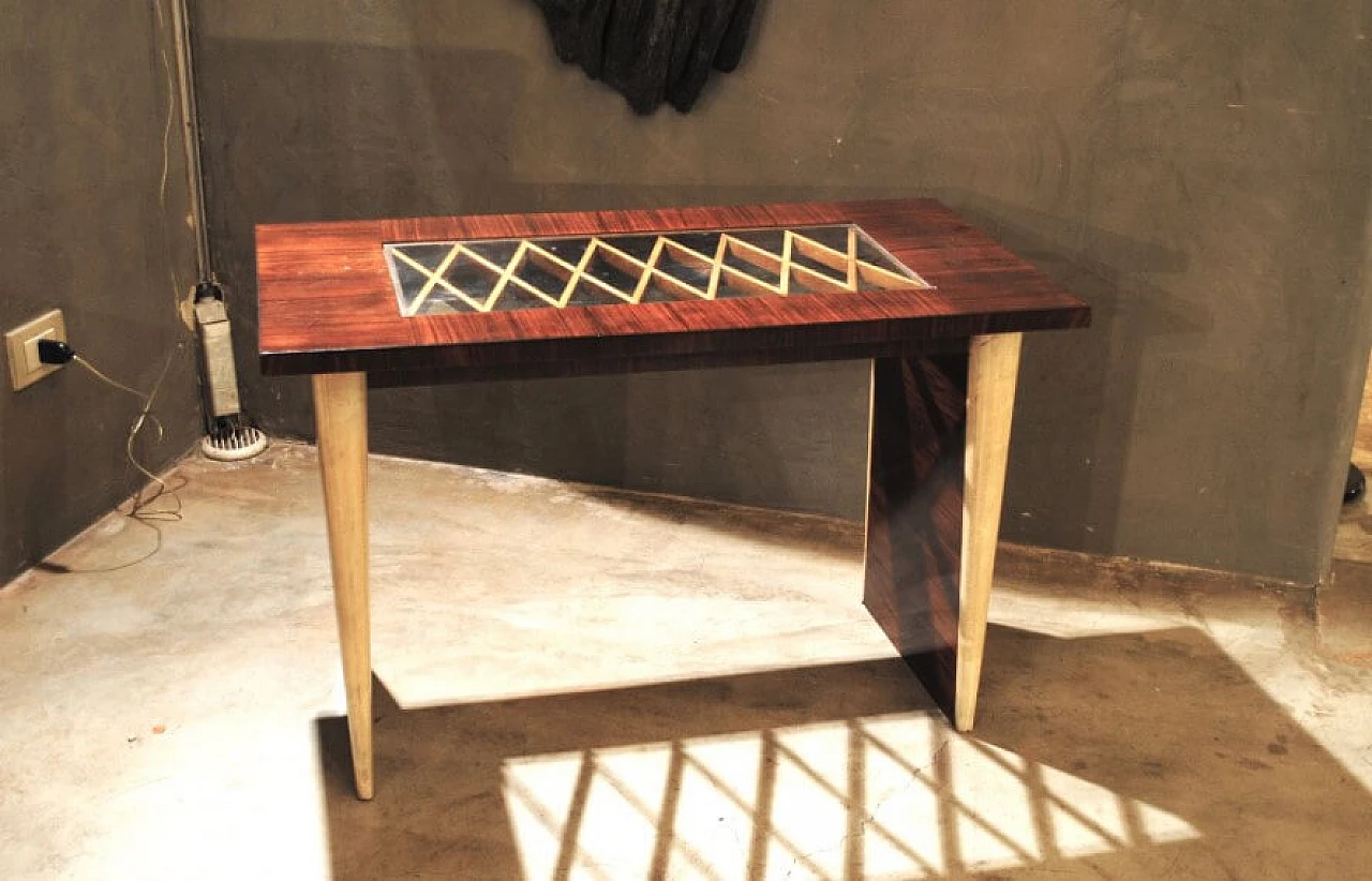 Coffee table in rosewood with glass top and parchment inserts in the style of Guglielmo Ulrich, 30s 1229585