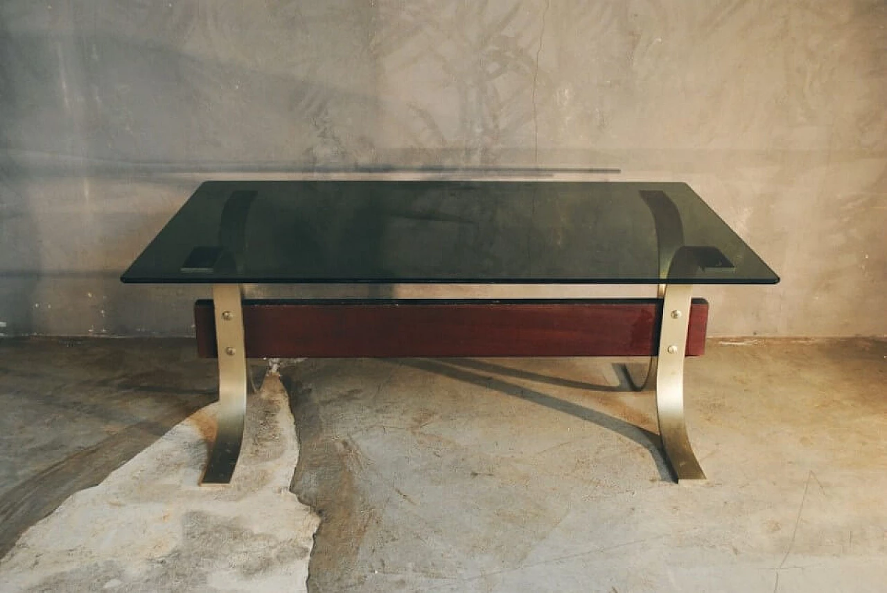 Tavolino in vetro, acciaio e legno di Formanova, anni '60 1229601