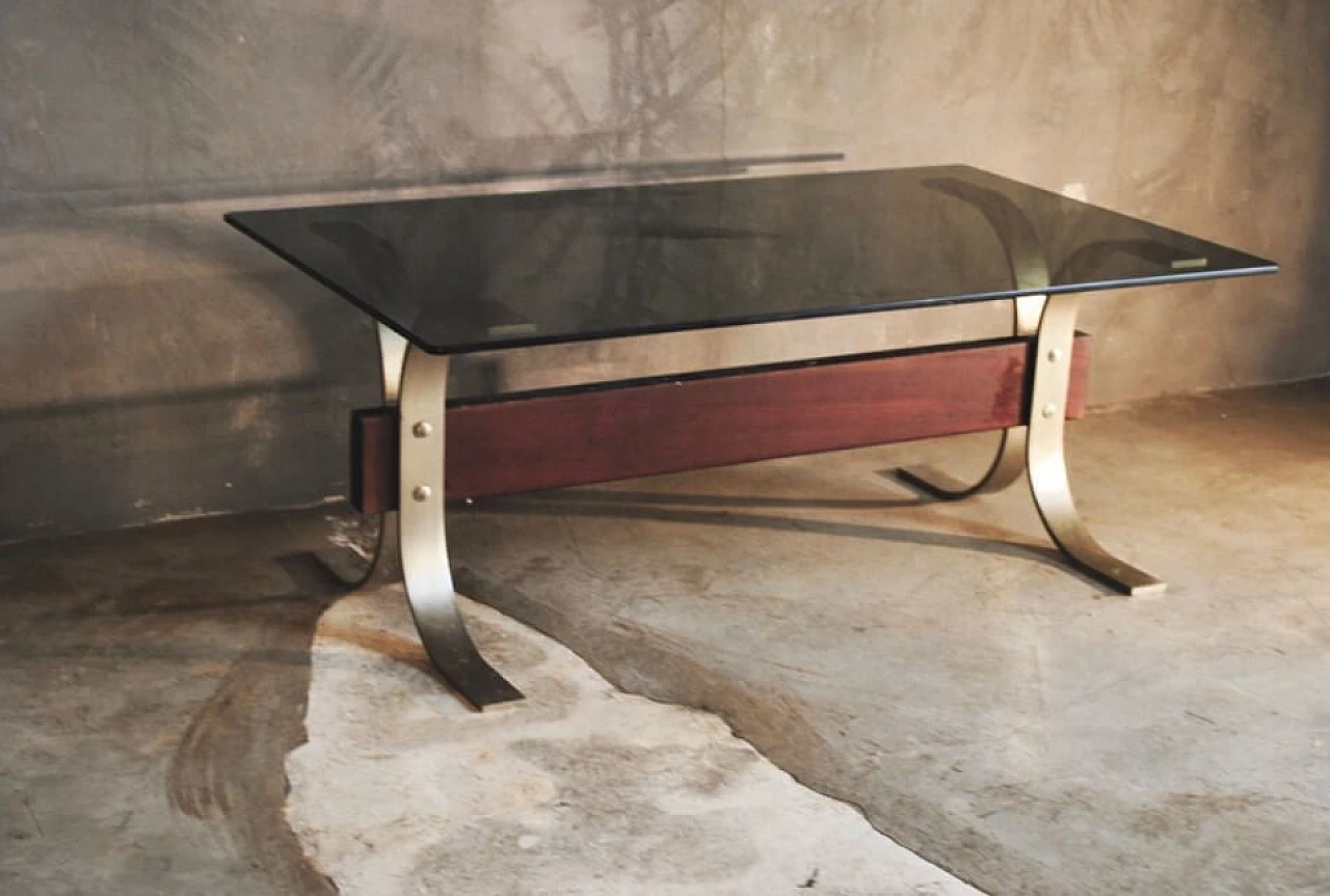 Tavolino in vetro, acciaio e legno di Formanova, anni '60 1229602