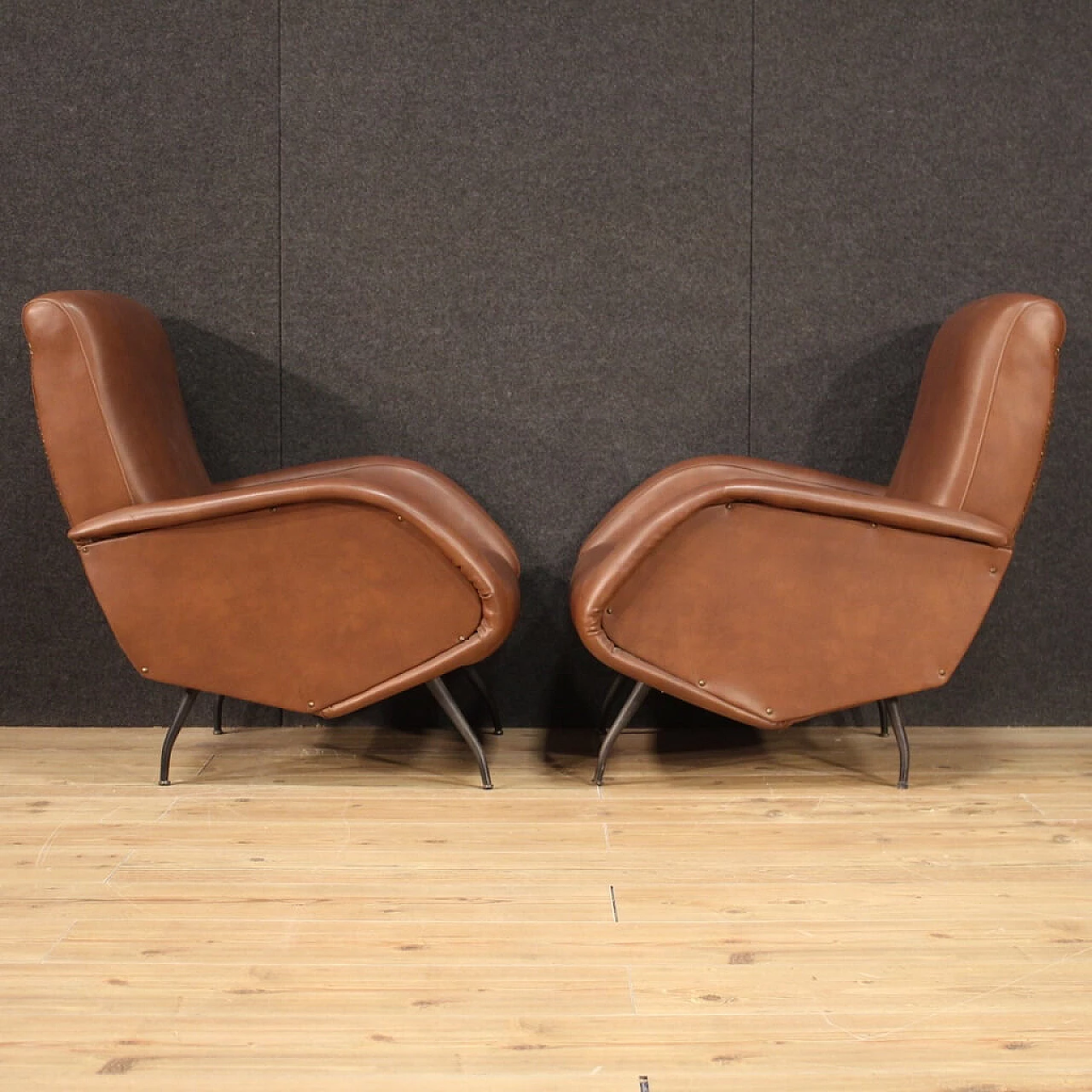 Pair of armchairs in skai with metal legs, 70s 1230601