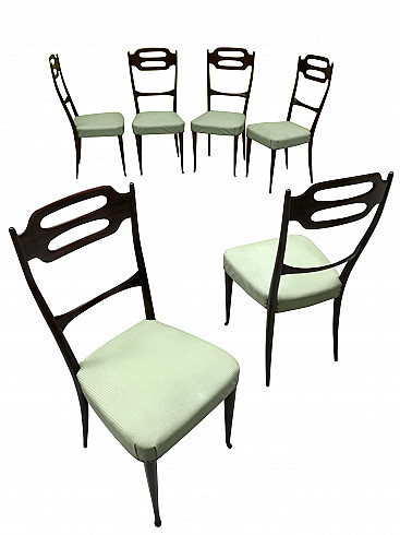 Set of 6 Paolo Buffa style chairs in mahogany and green fabric, original 50s