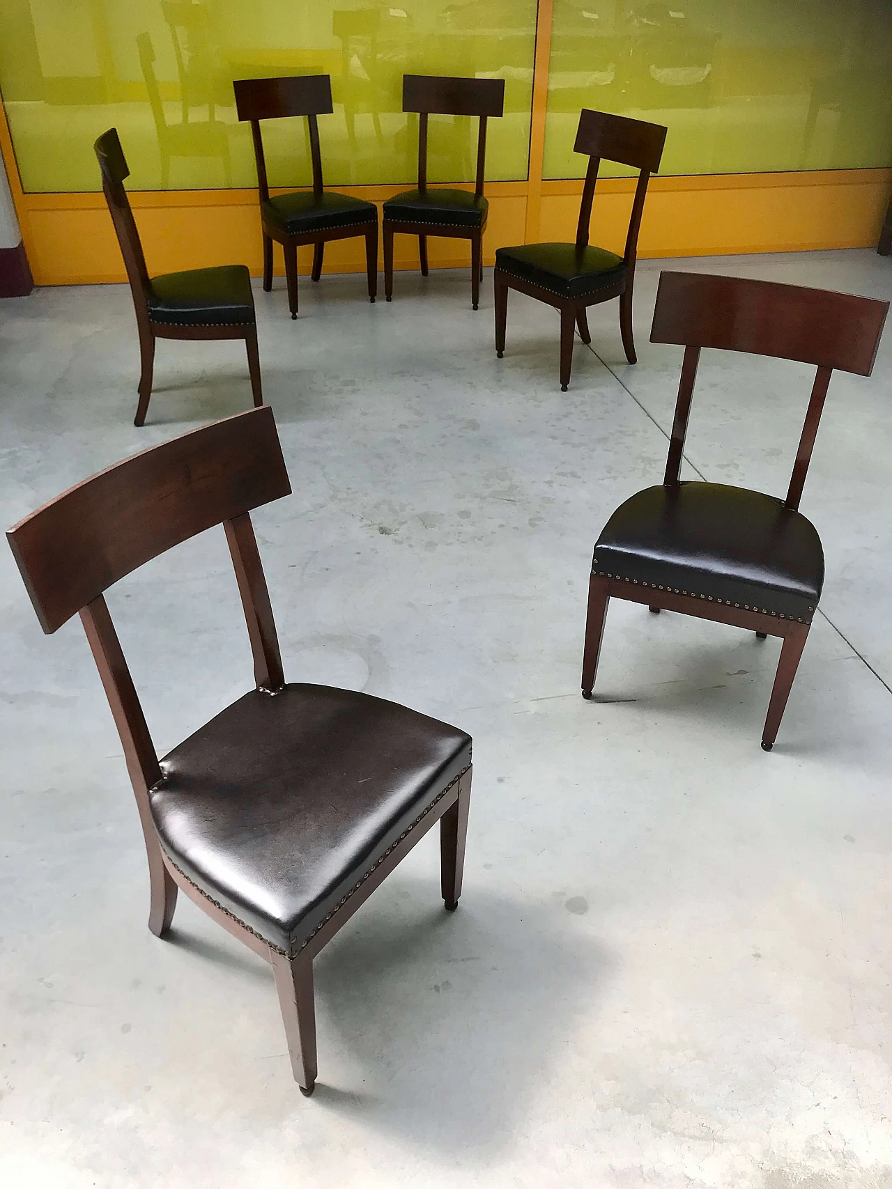 Set of 6 Genoese Directoire chairs in mahogany covered in leather, original early 19th century 1230856