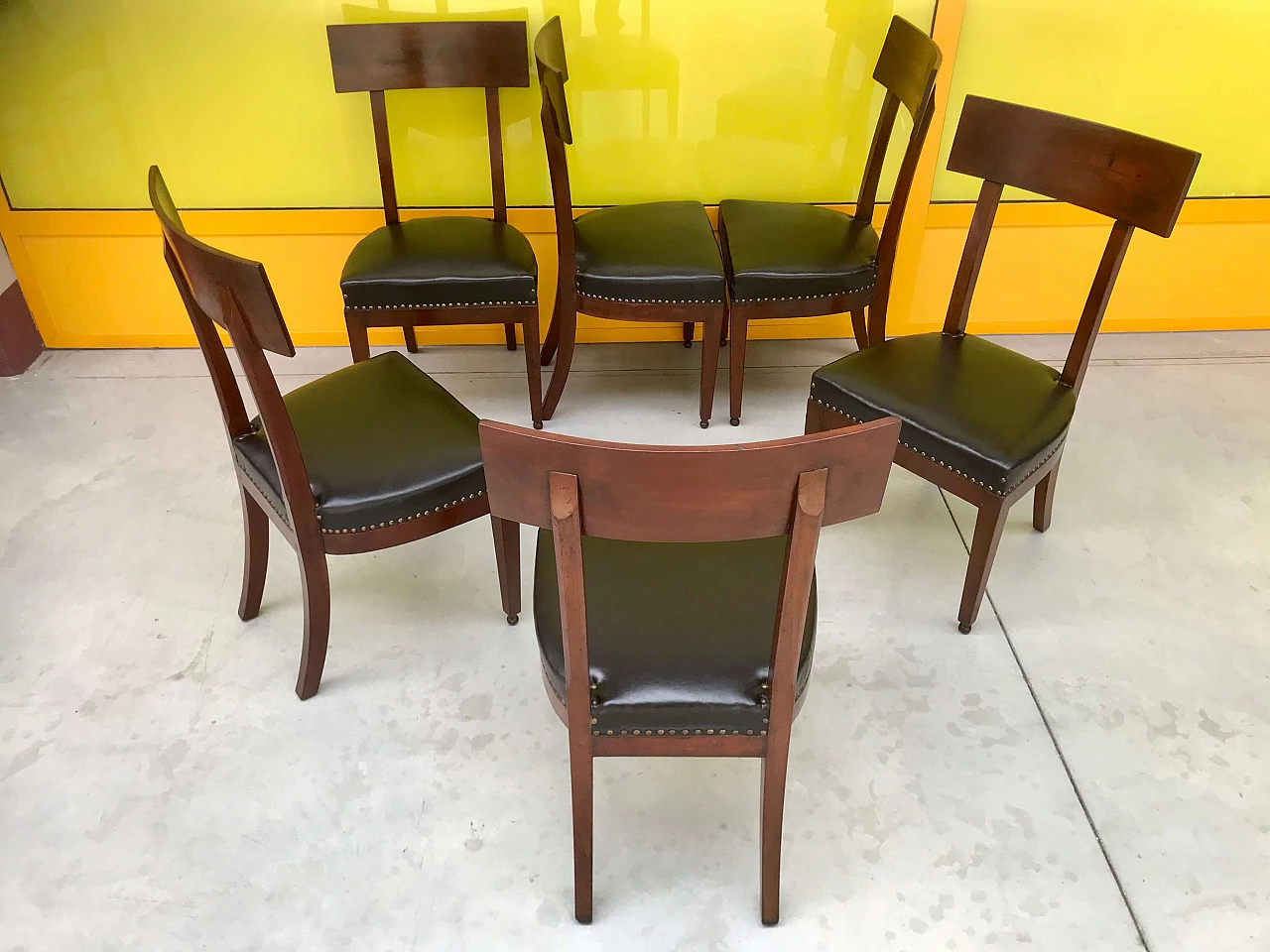 Set of 6 Genoese Directoire chairs in mahogany covered in leather, original early 19th century 1230866
