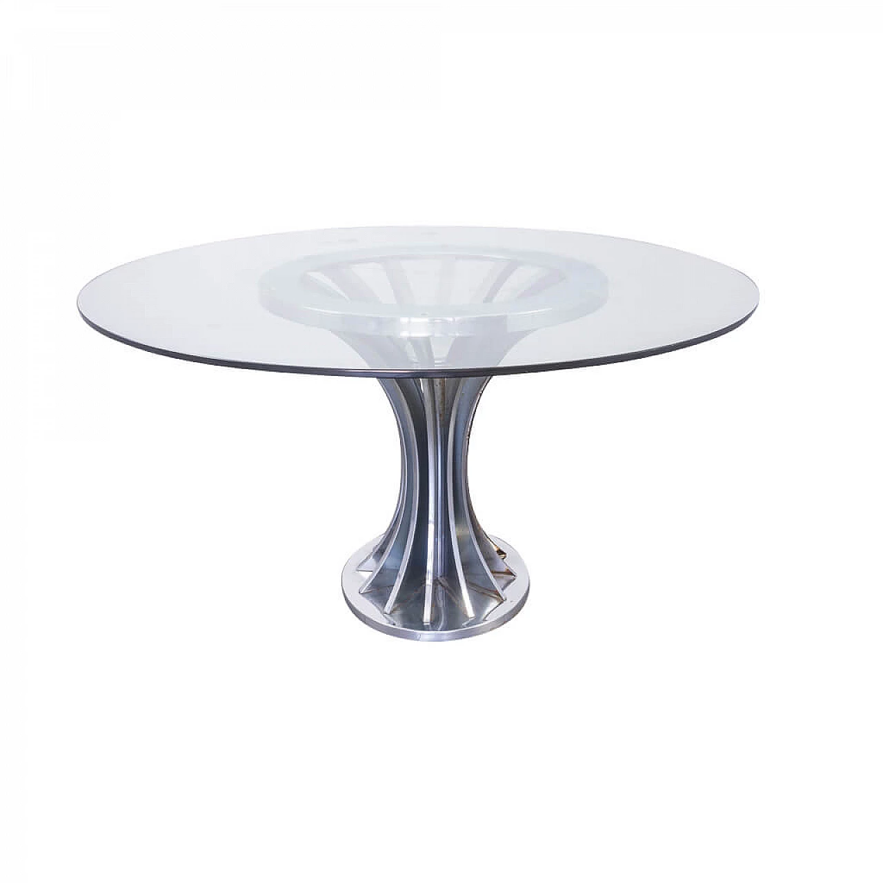 Tavolo tondo in metallo cromato e vetro, anni '70 1230933