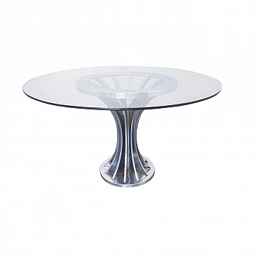 Round table in chromed metal and glass, 1970s
