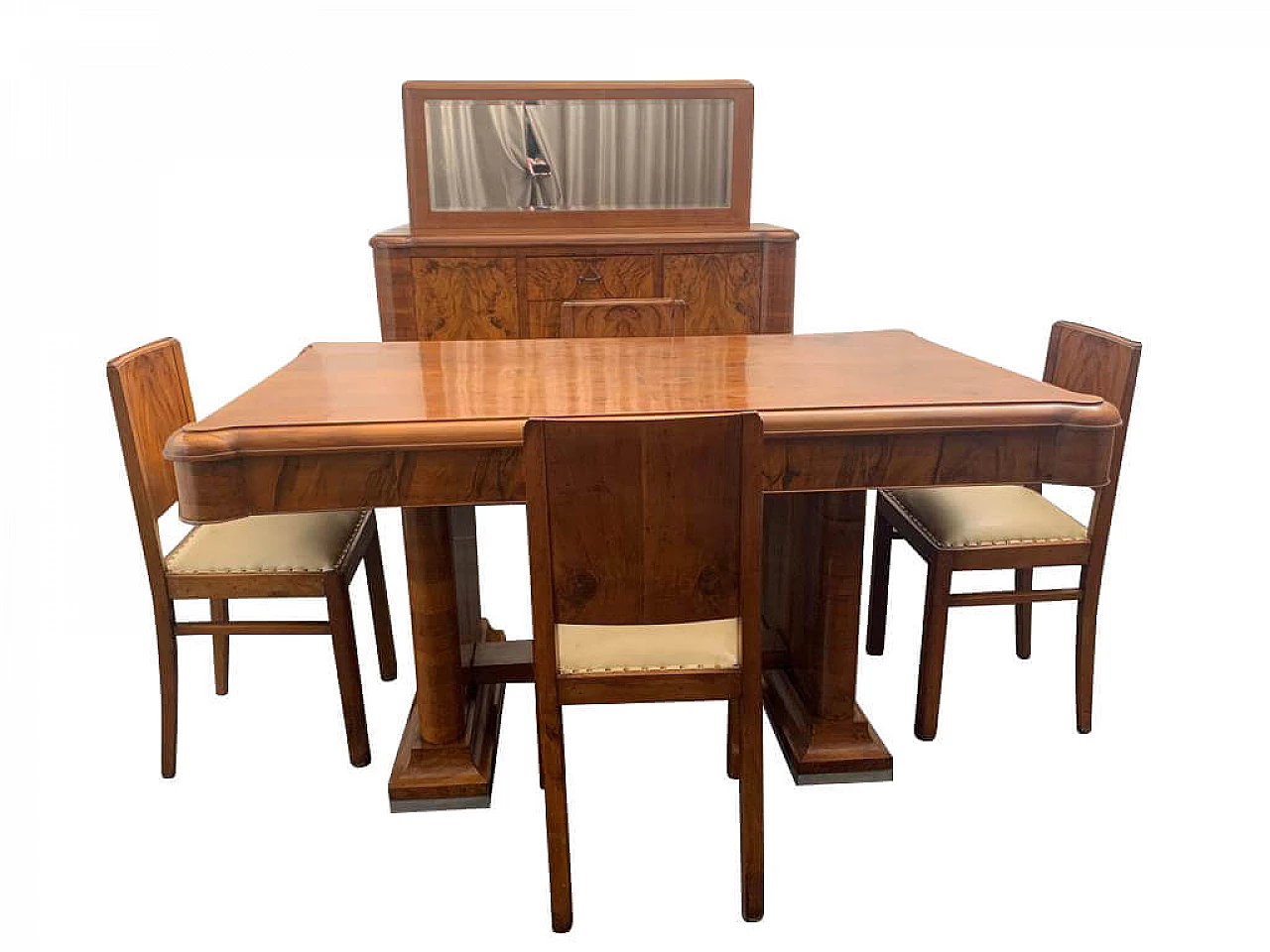 Set da sala da pranzo composto da credenza con specchio, tavolo e 4 sedie in noce e radica, anni '40 1230963