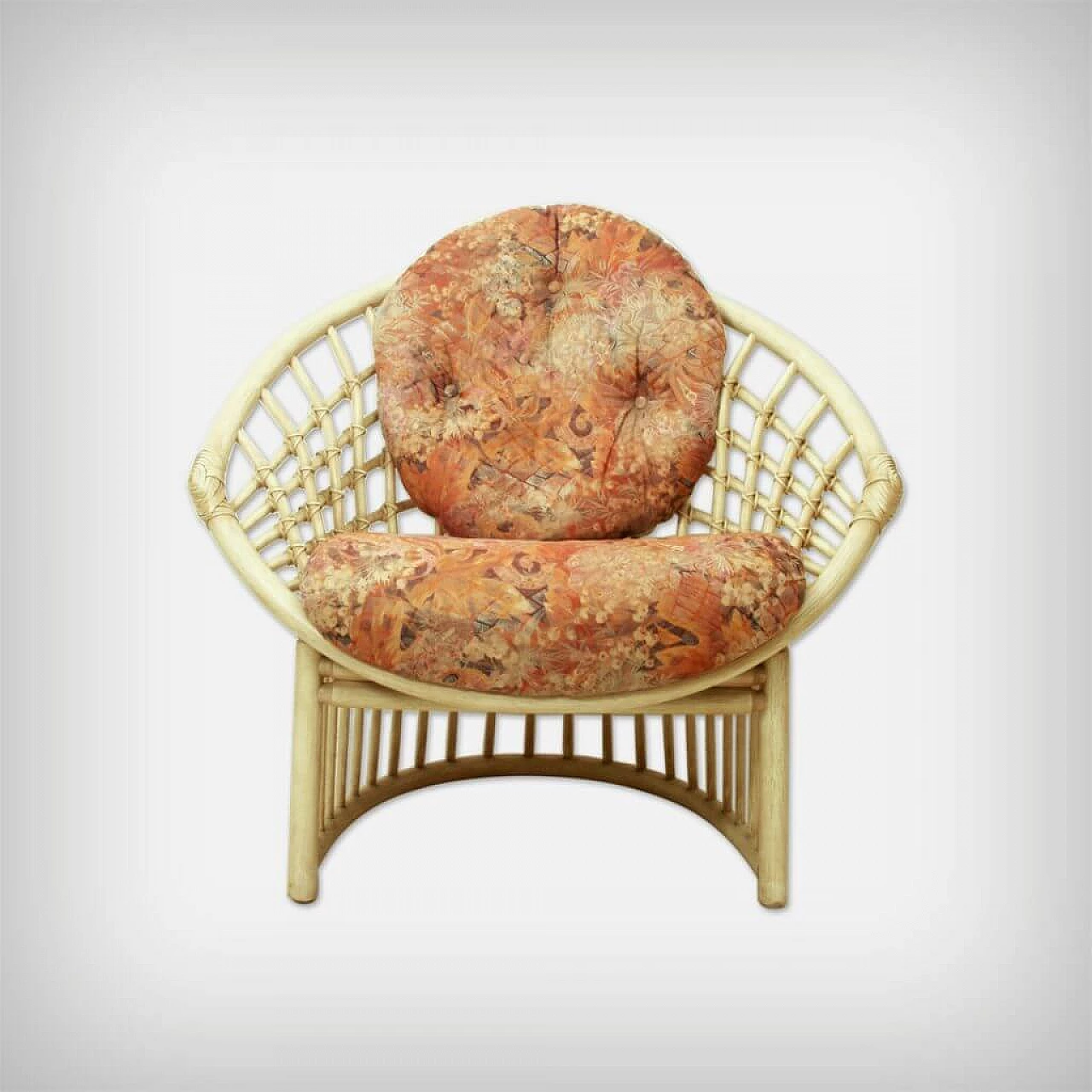 Lounge chair in multicolored fabric and rattan by Flechtatelier Schütz, 70s 1231196