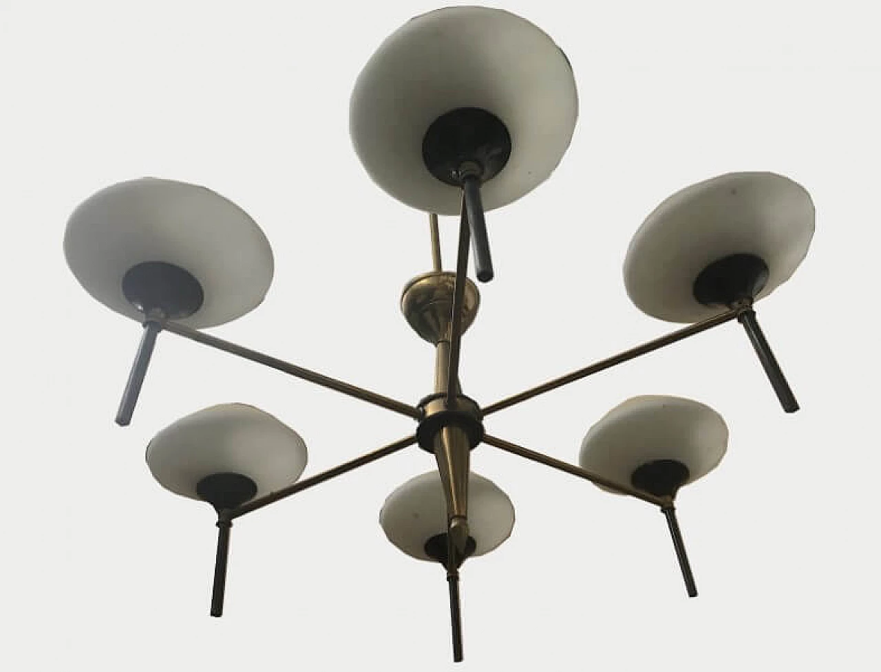 Chandelier in brass and opaline glass, 50s 1231384
