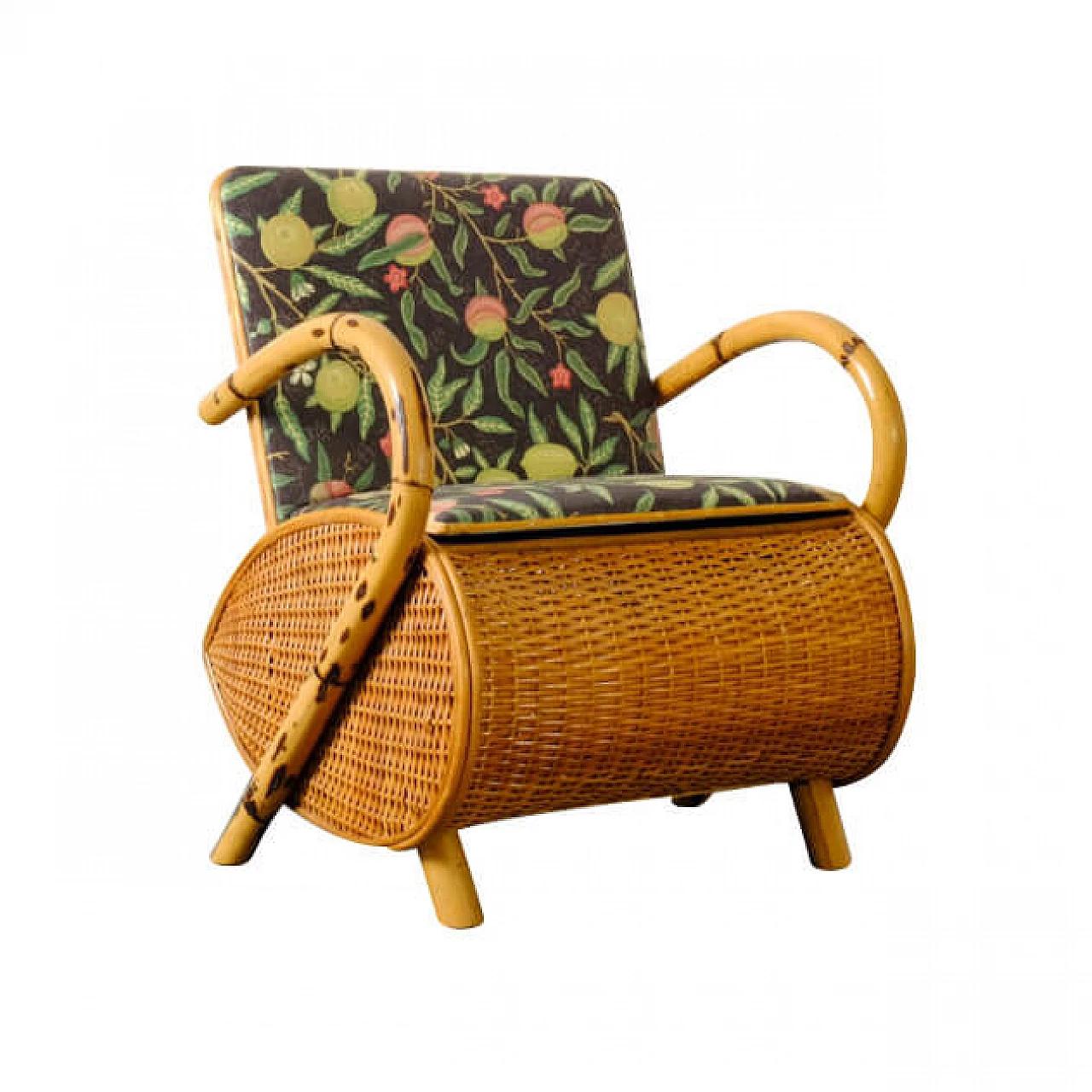 Sewing armchair in wicker, wood and fabric, 60s 1231814