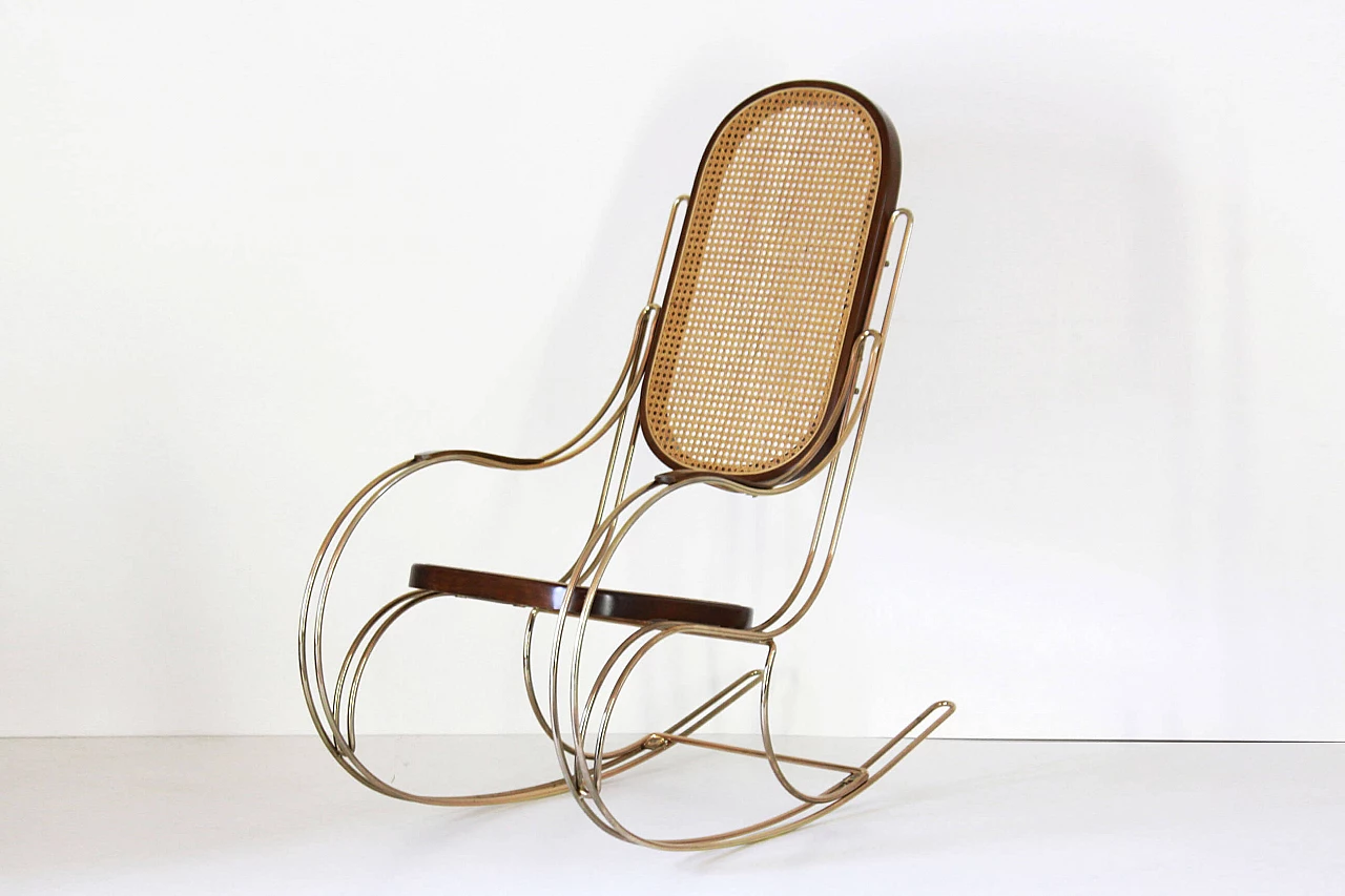 Rocking chair in brass, maple and Vienna straw, 70s 1231882