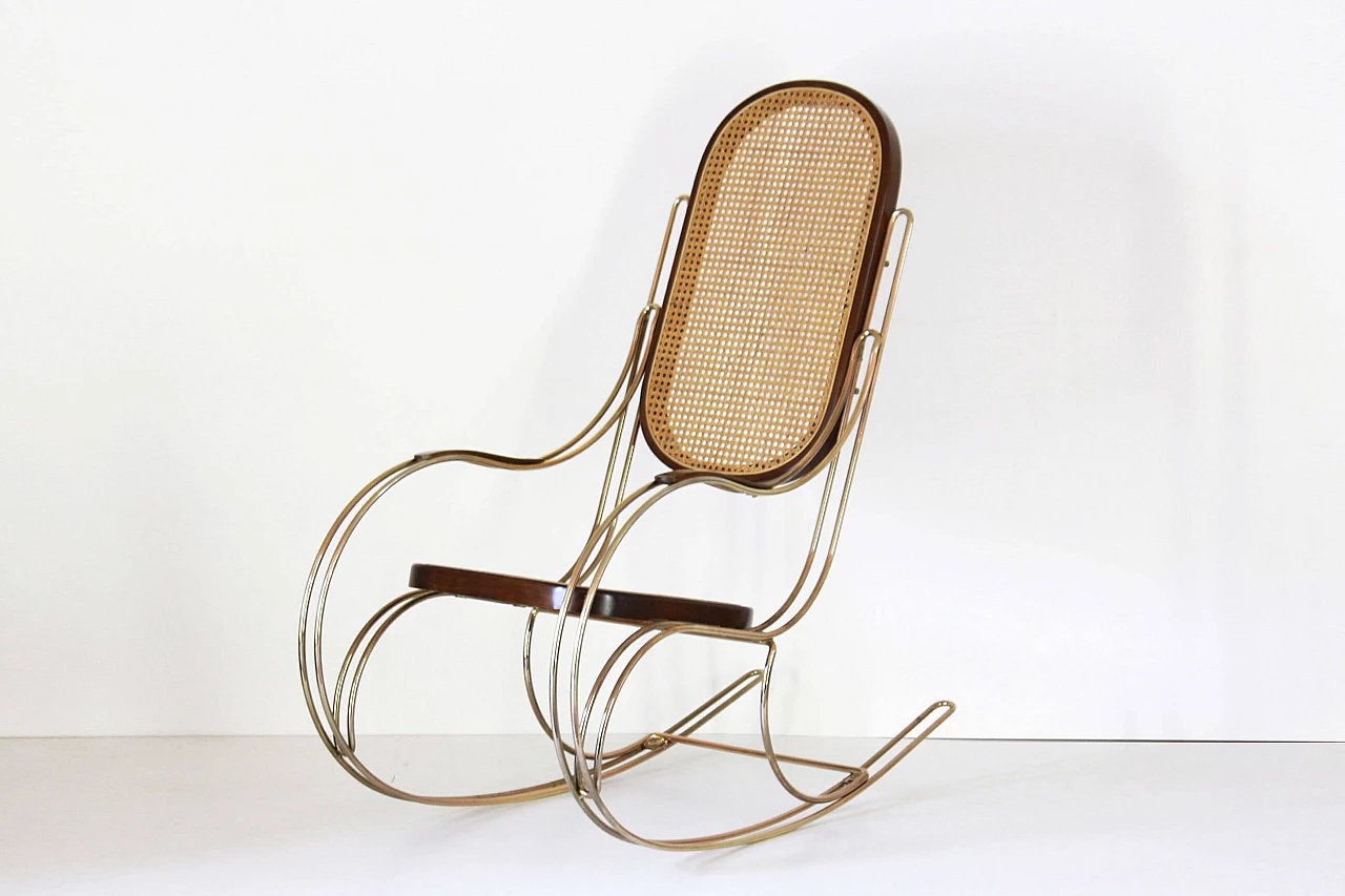 Sedia a dondolo in ottone e paglia di Vienna nello stile di Thonet 1231882