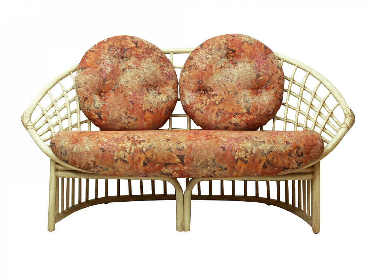 2-seater sofa in rattan and multicolored fabric by Flechtatelier Schütz, 70s 1231985
