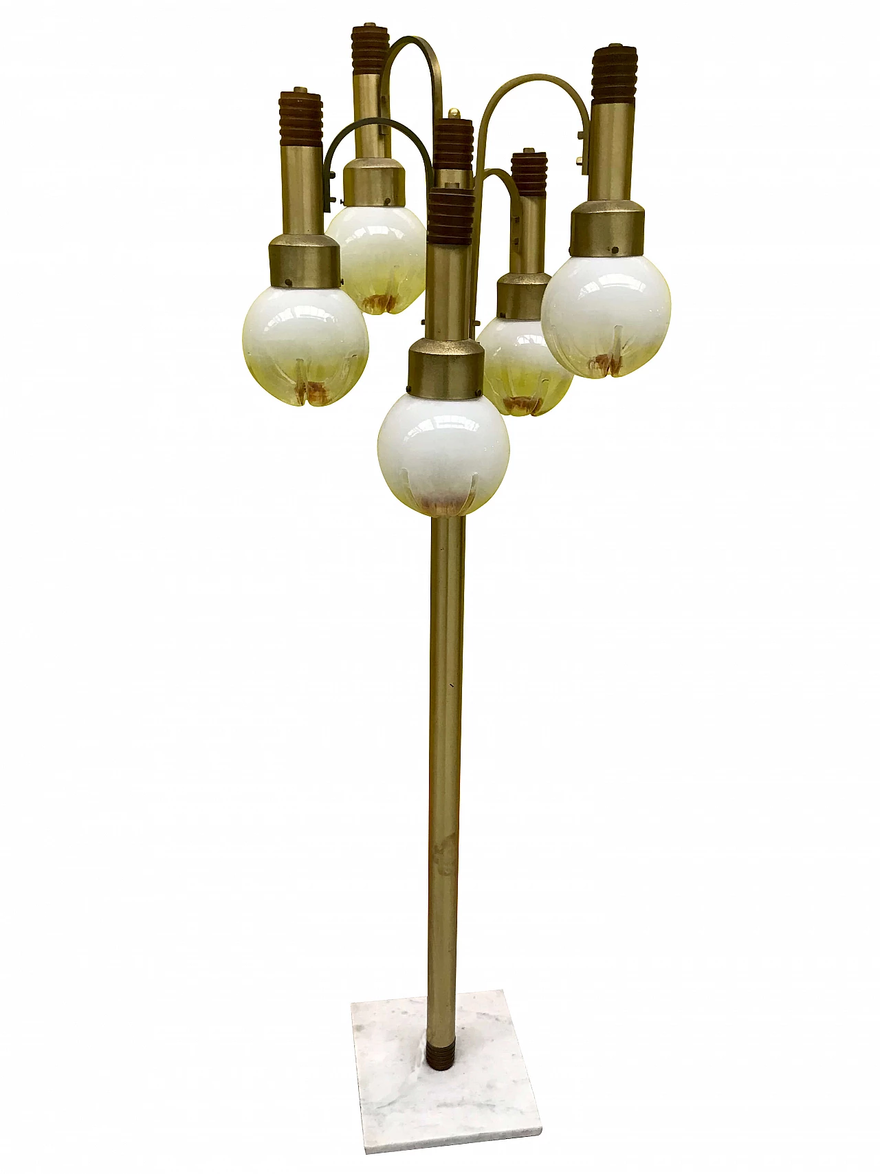 Lampada da terra “a cascata“ a 5 luci con bocce in vetro di Murano, fusto in ottone dorato, legno e base marmo, originale anni '60- '70 1232192