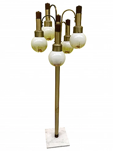 Waterfall floor lamp with 5 globular Murano glass lights, gilded brass stem, wood and marble base, original 60s - 70s