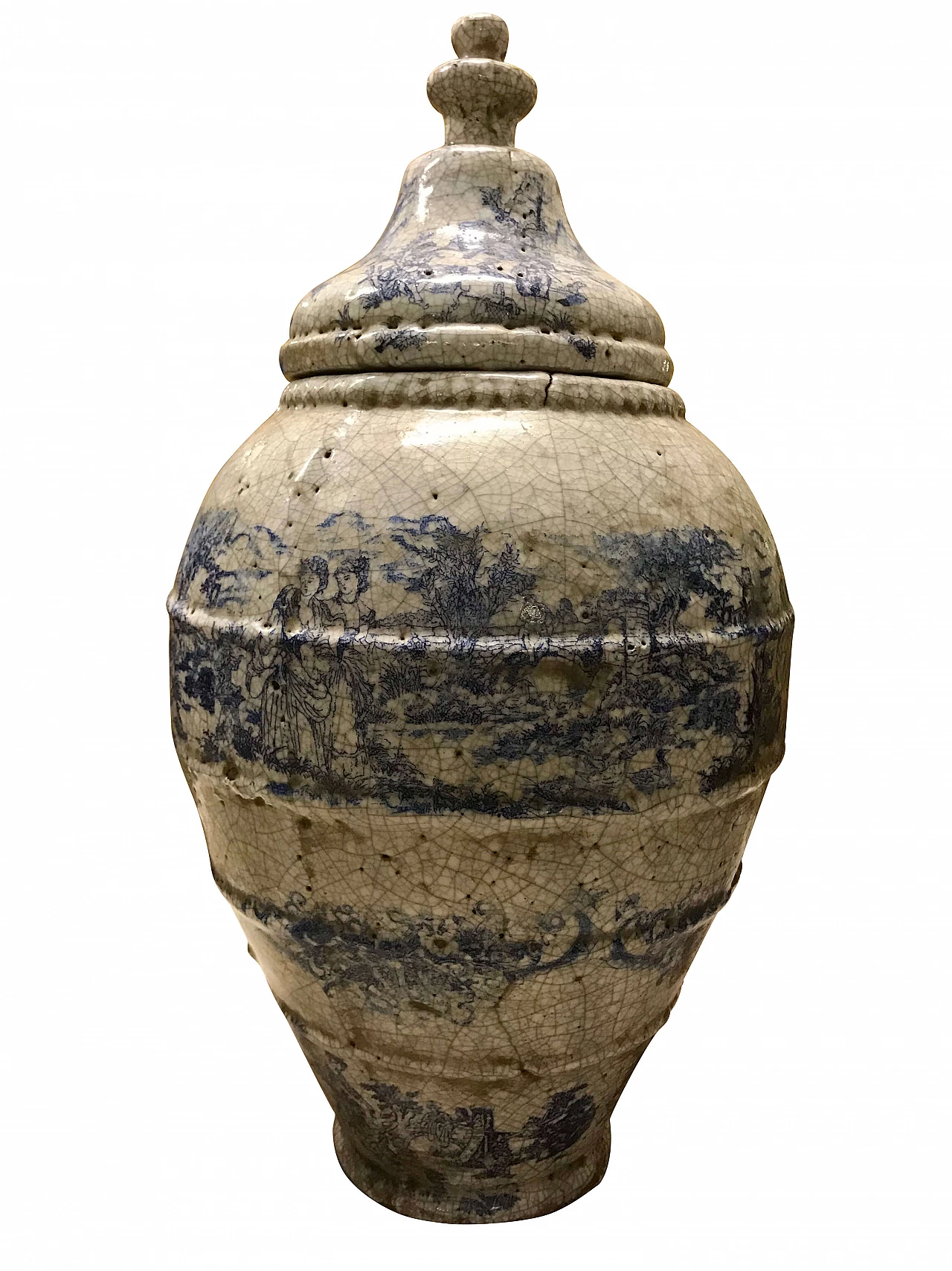 Grande Vaso in terracotta con ceramica bianca dipinta in blu e vetrificata, Italia, originale '800 1232209