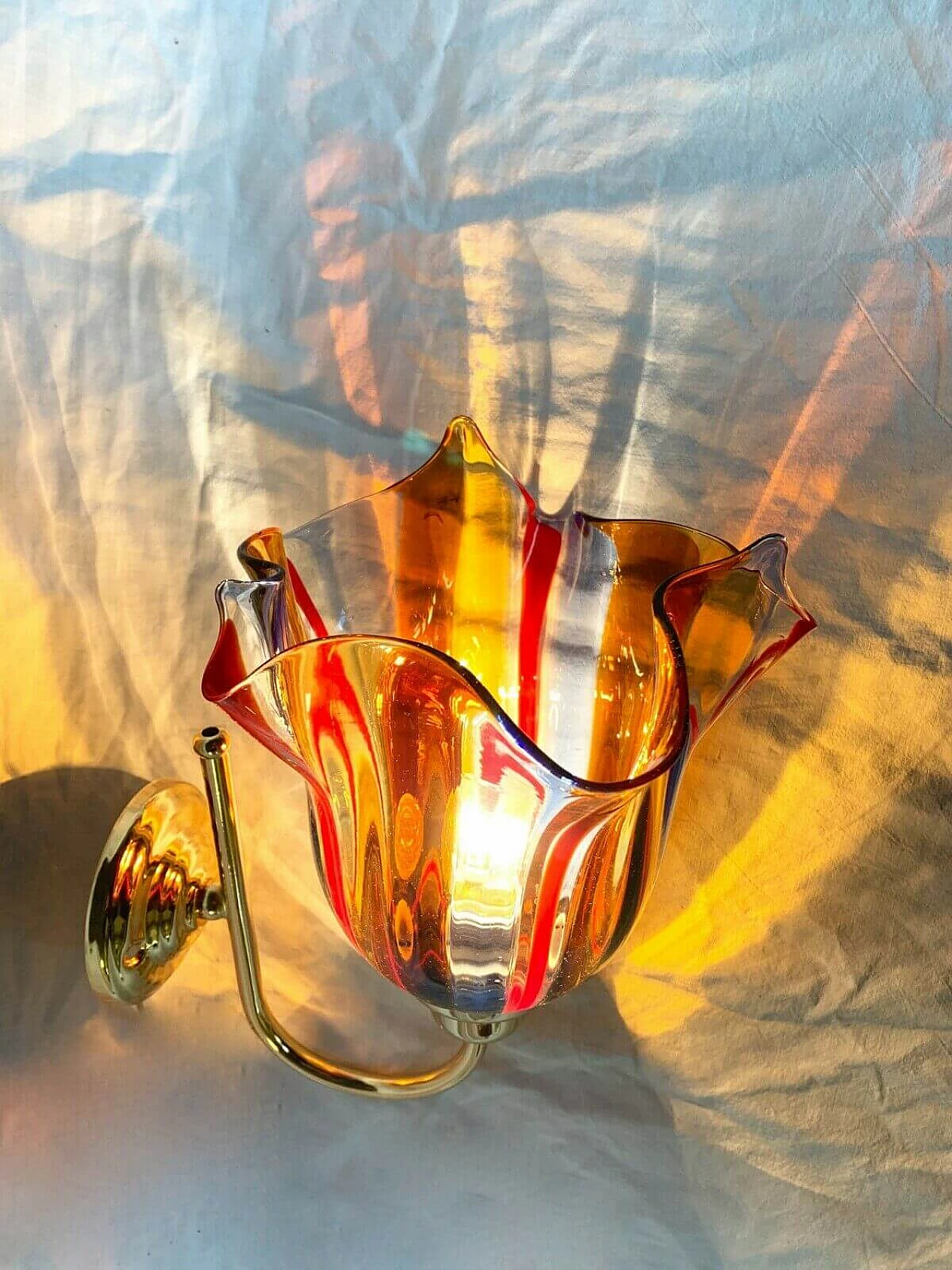 Applique in vetro di Murano e ferro in bagno d'oro di Mazzega, anni '80 1232345