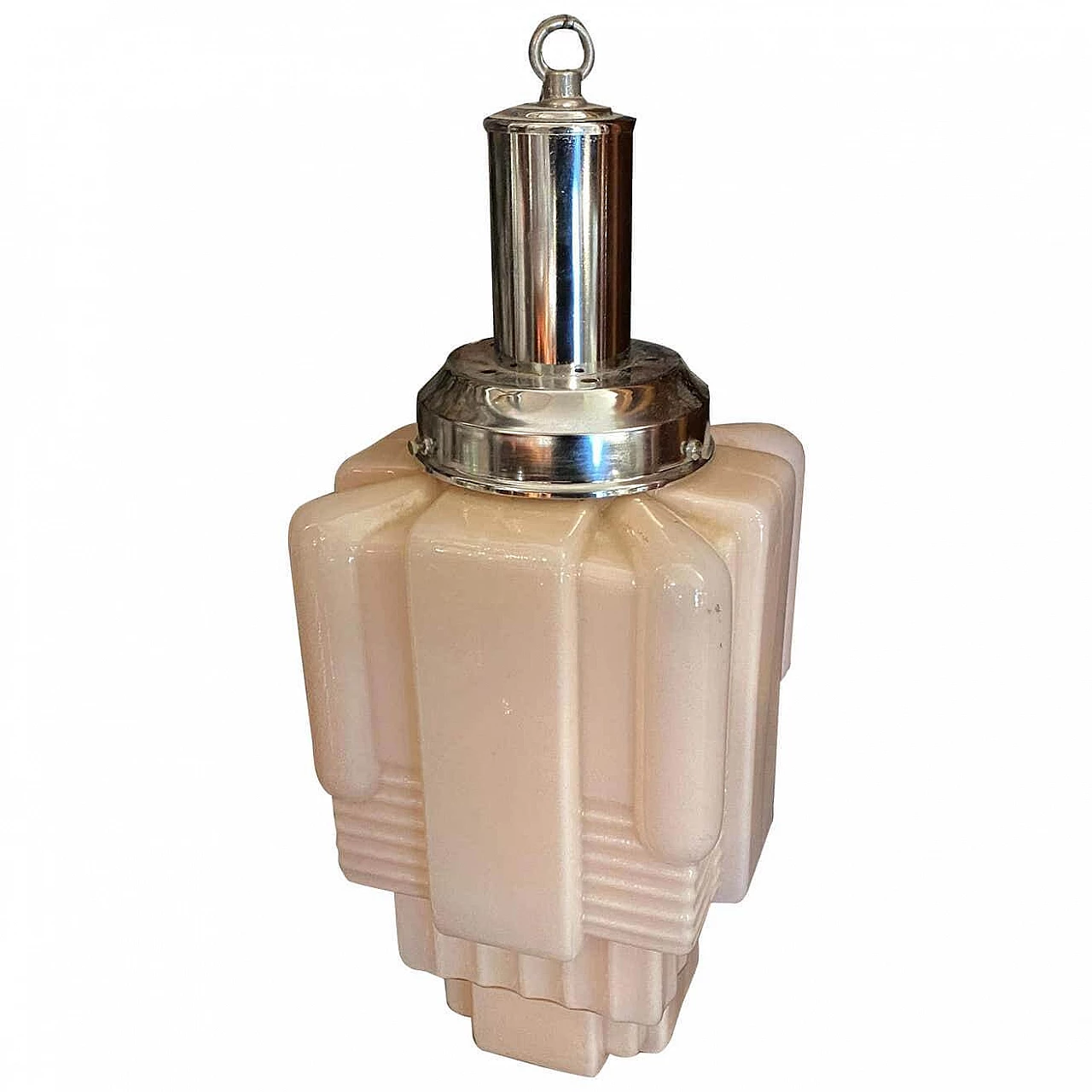 Art Deco skyscraper pendant light in chromed metal and pink glass, 30s 1232599