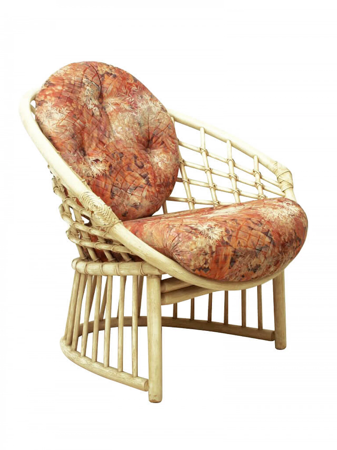 Lounge chair in multicolored fabric and rattan by Flechtatelier Schütz, 70s 1232833
