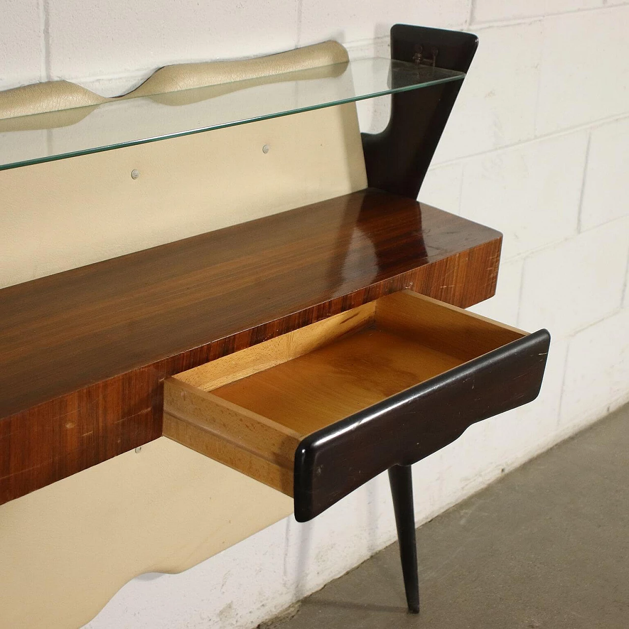 Console in walnut, wood, glass and skai, 50s 1233012