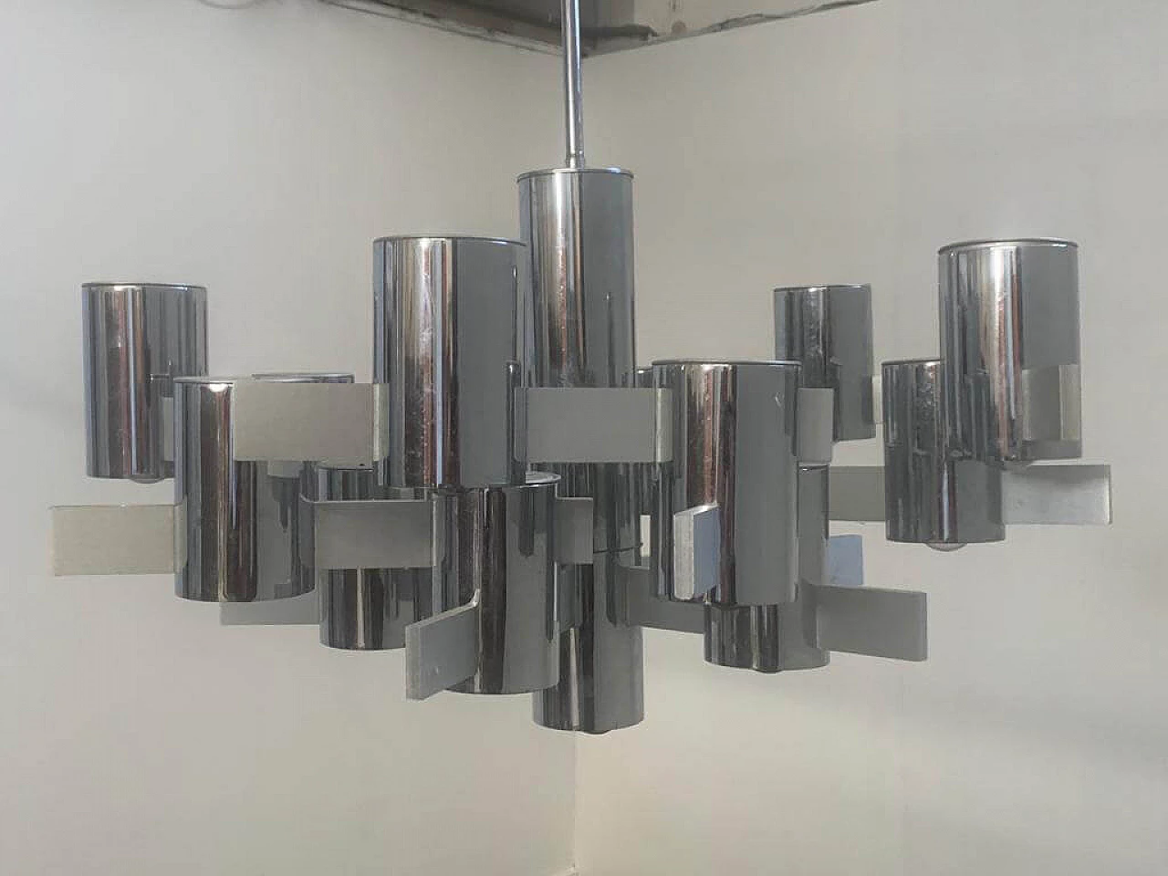 Chandelier by Gaetano Sciolari in steel and aluminum, 70s 1233353