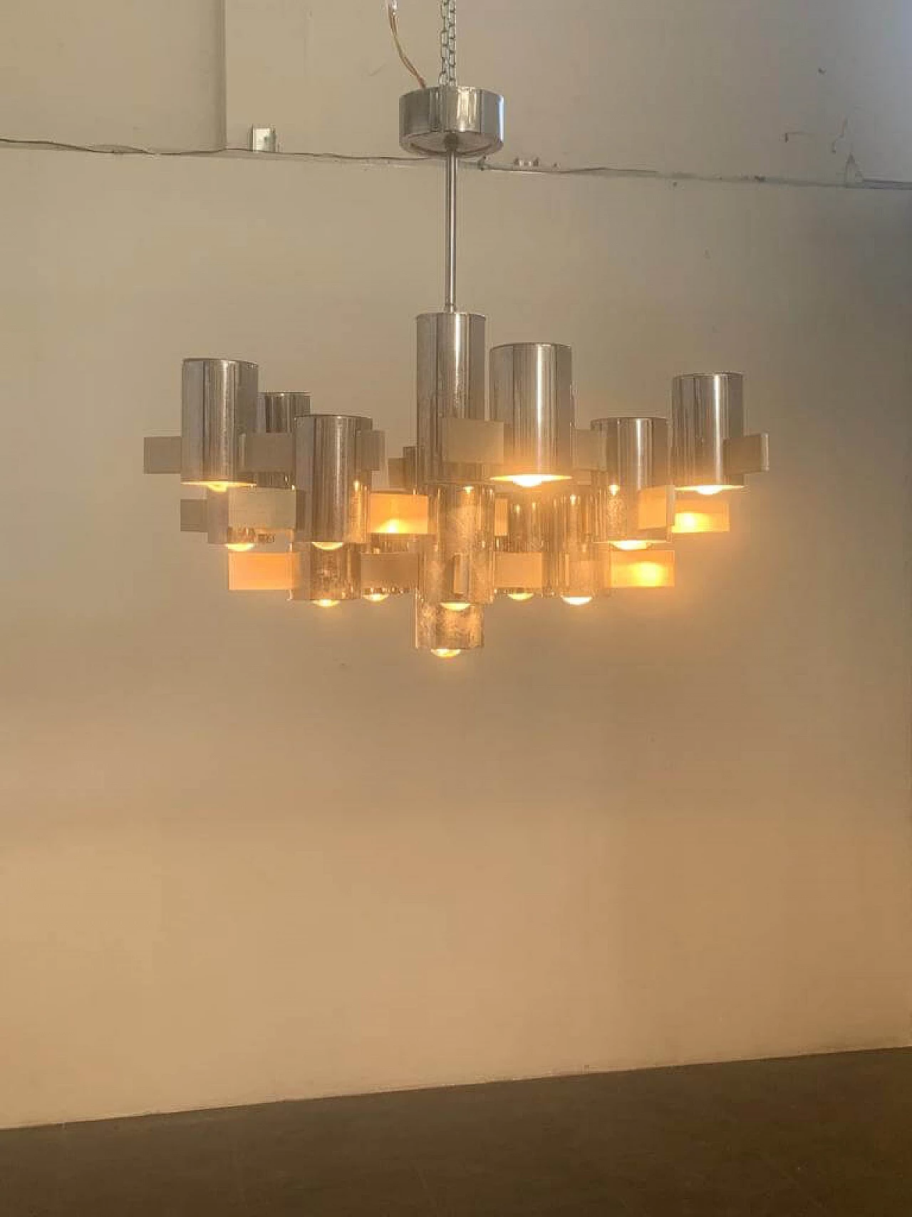 Chandelier by Gaetano Sciolari in steel and aluminum, 70s 1233356