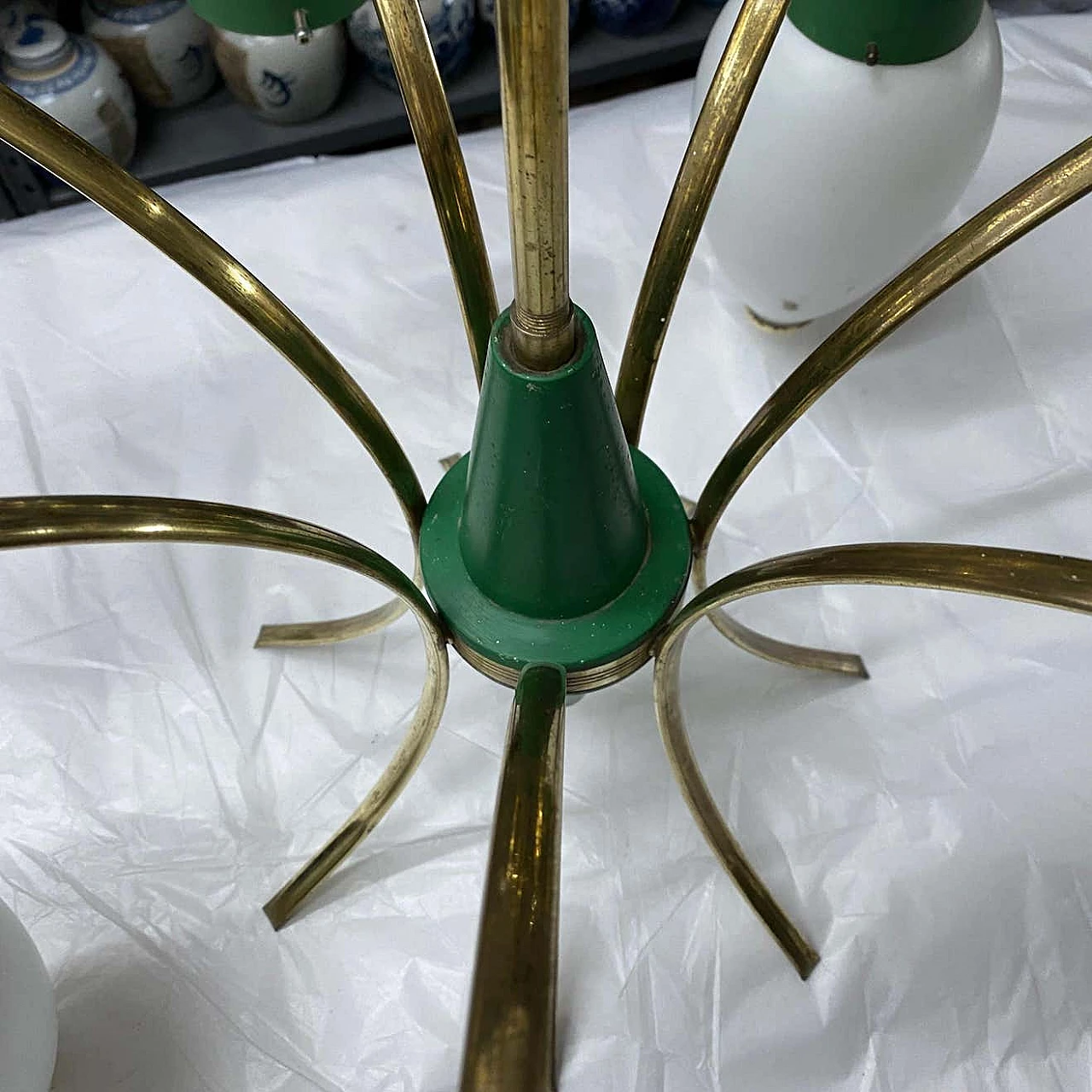 Chandelier in brass and opaline glass by Stilnovo, 60s 1233690