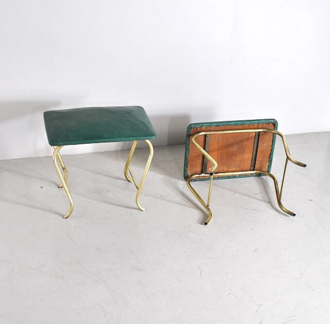 Pair of ottomans with tubular brass frame and green vinyl seats, 60s 1233918