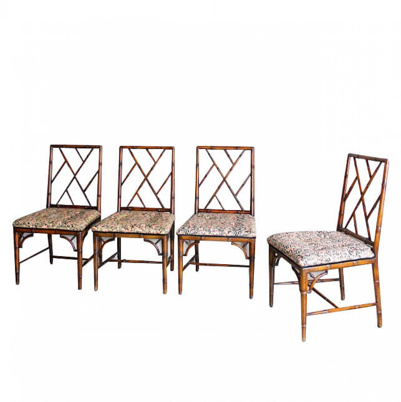 4 Chairs in bamboo with original fabric cover, 60s 1234113