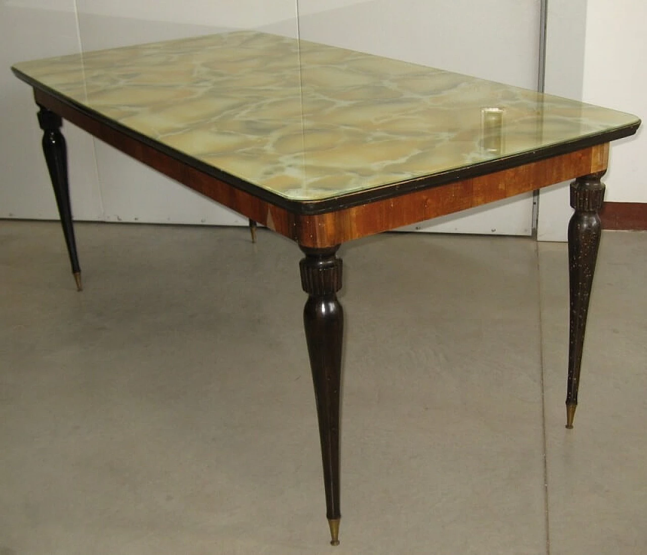Rectangular table in walnut with marbled glass top, 60s 1234387
